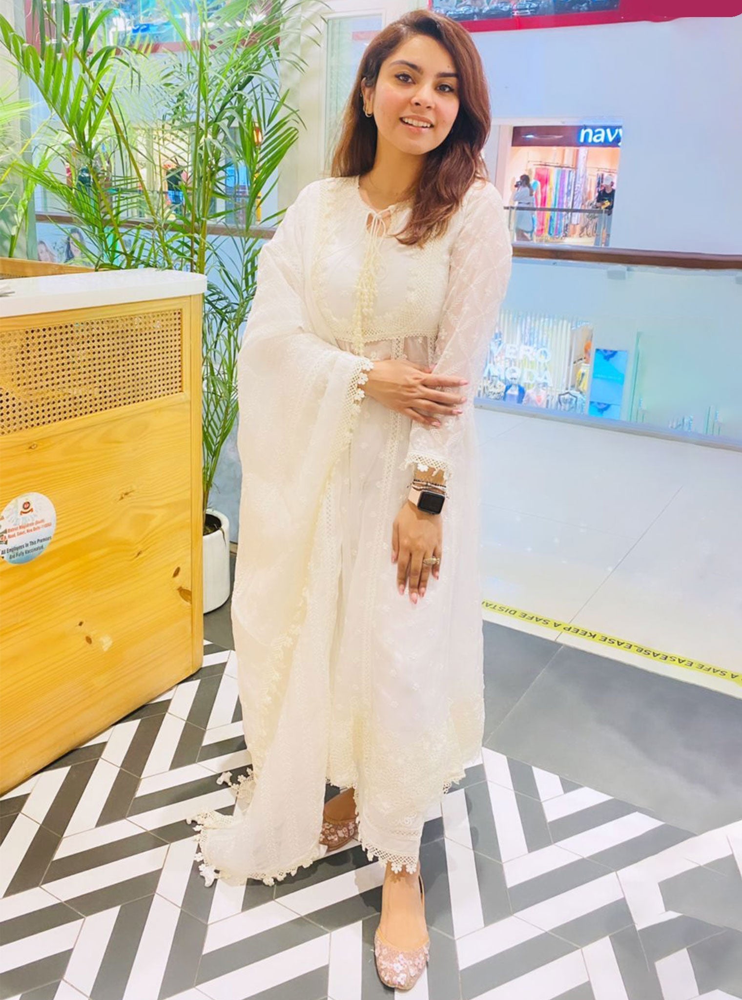 Mulmul Organza Valerie Anarkali Off White Kurta With Supima Cotton Valerie Off White Pant