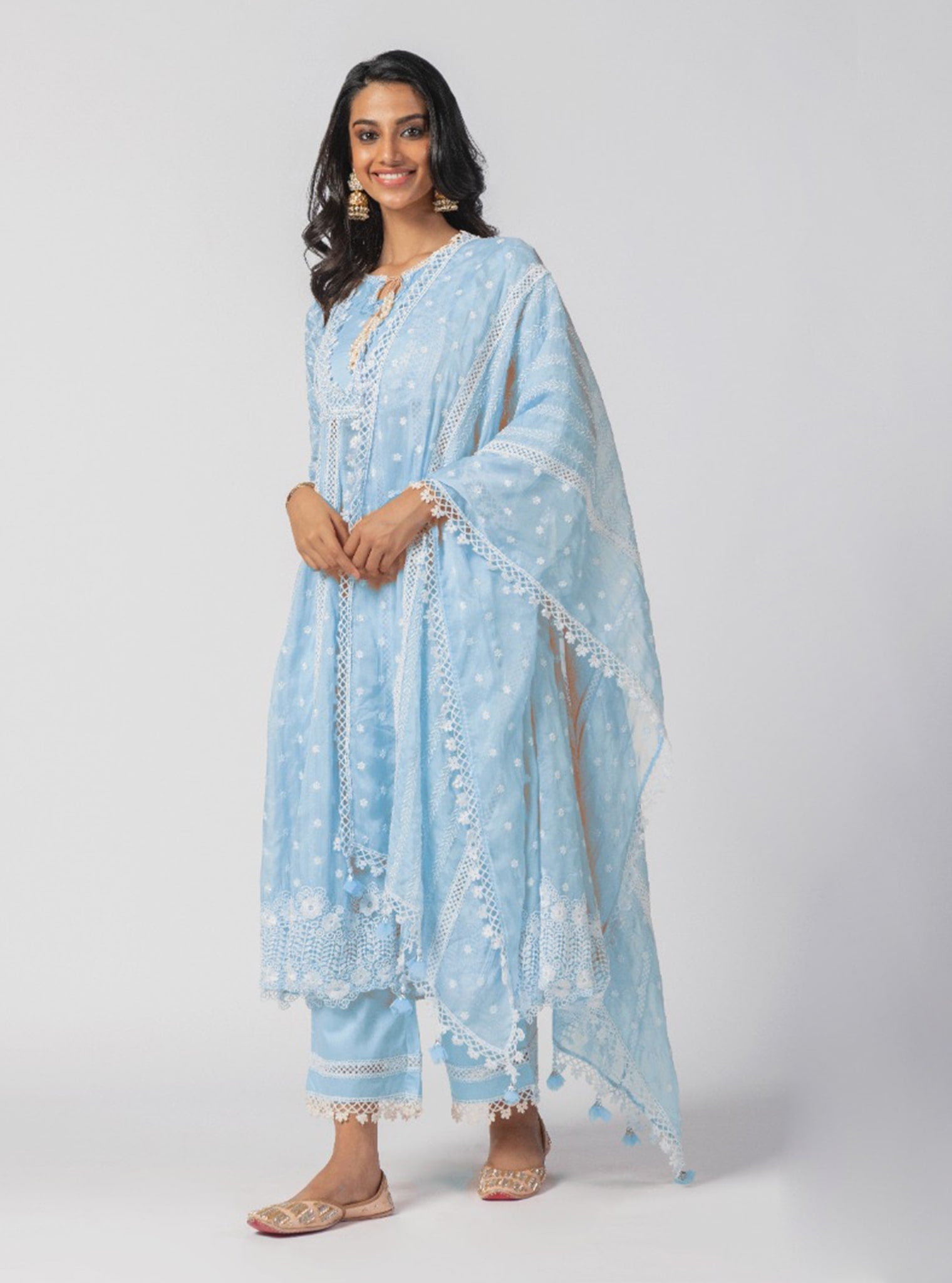 Mulmul Organza Valerie Anarkali Blue Kurta With Supima Cotton Valerie Blue Pant