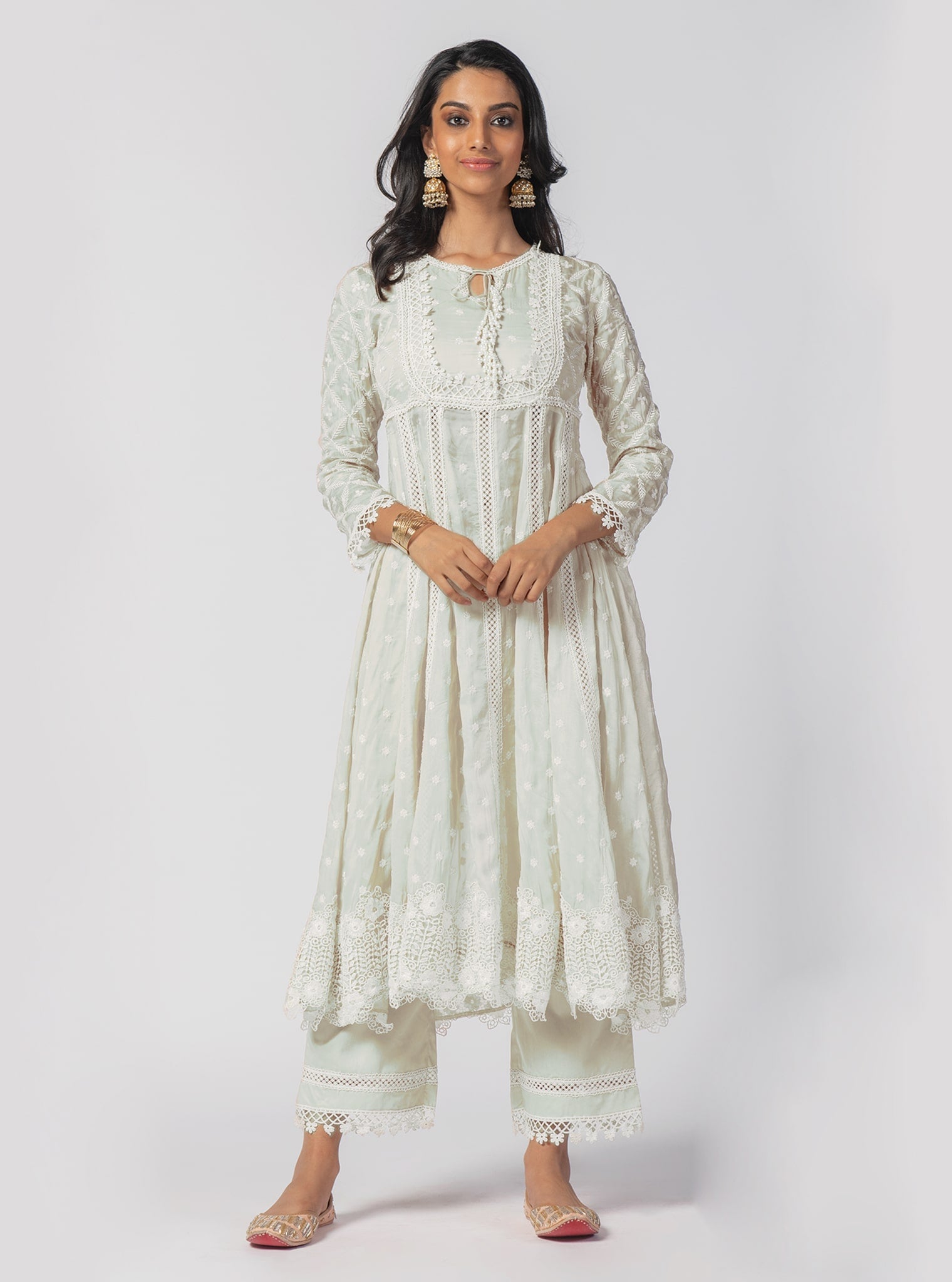 Mulmul Organza Valerie Anarkali Off White Kurta With Supima Cotton Valerie Off White Pant