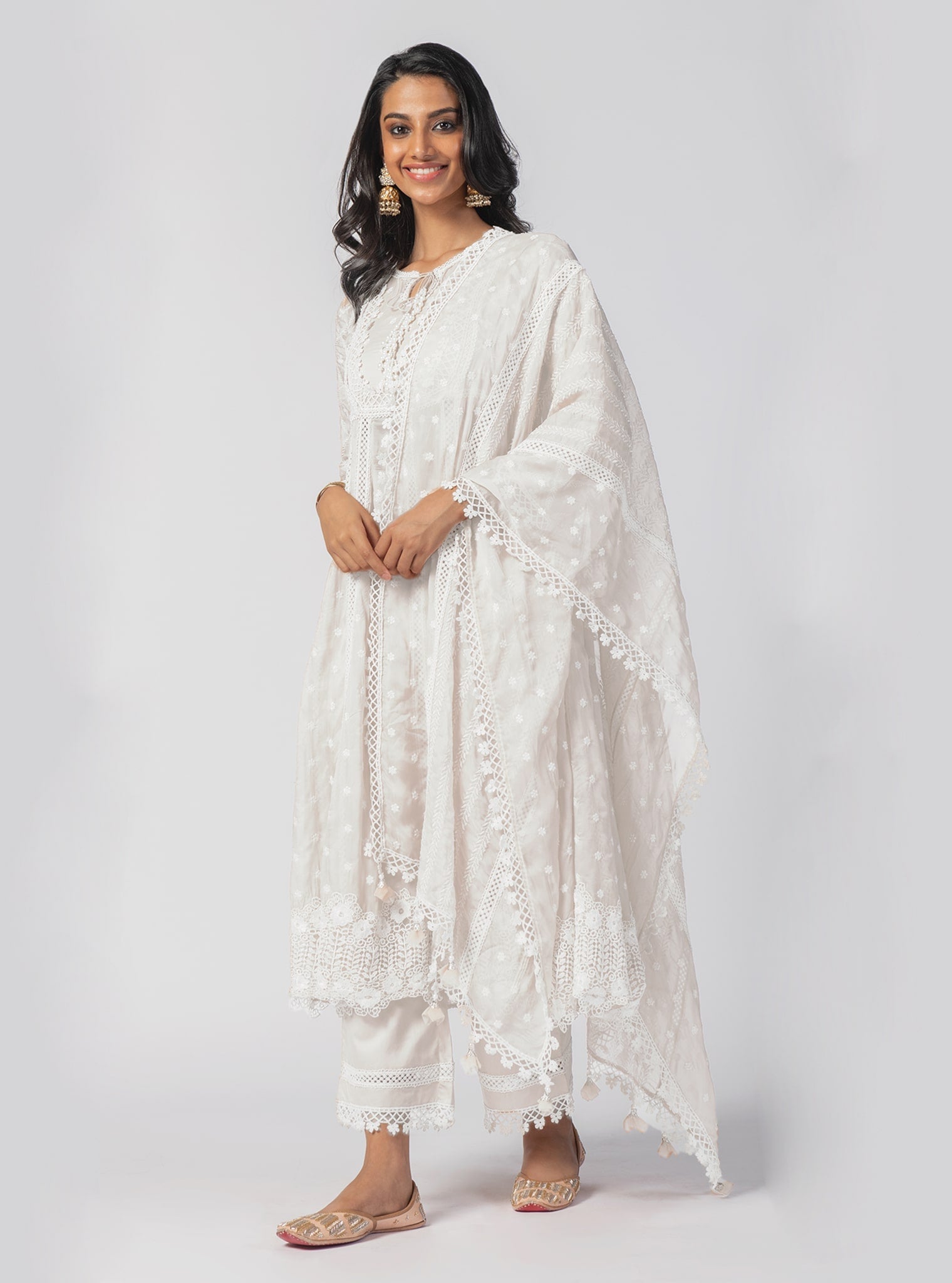 Mulmul Organza Valerie Anarkali Off White Kurta With Supima Cotton Valerie Off White Pant