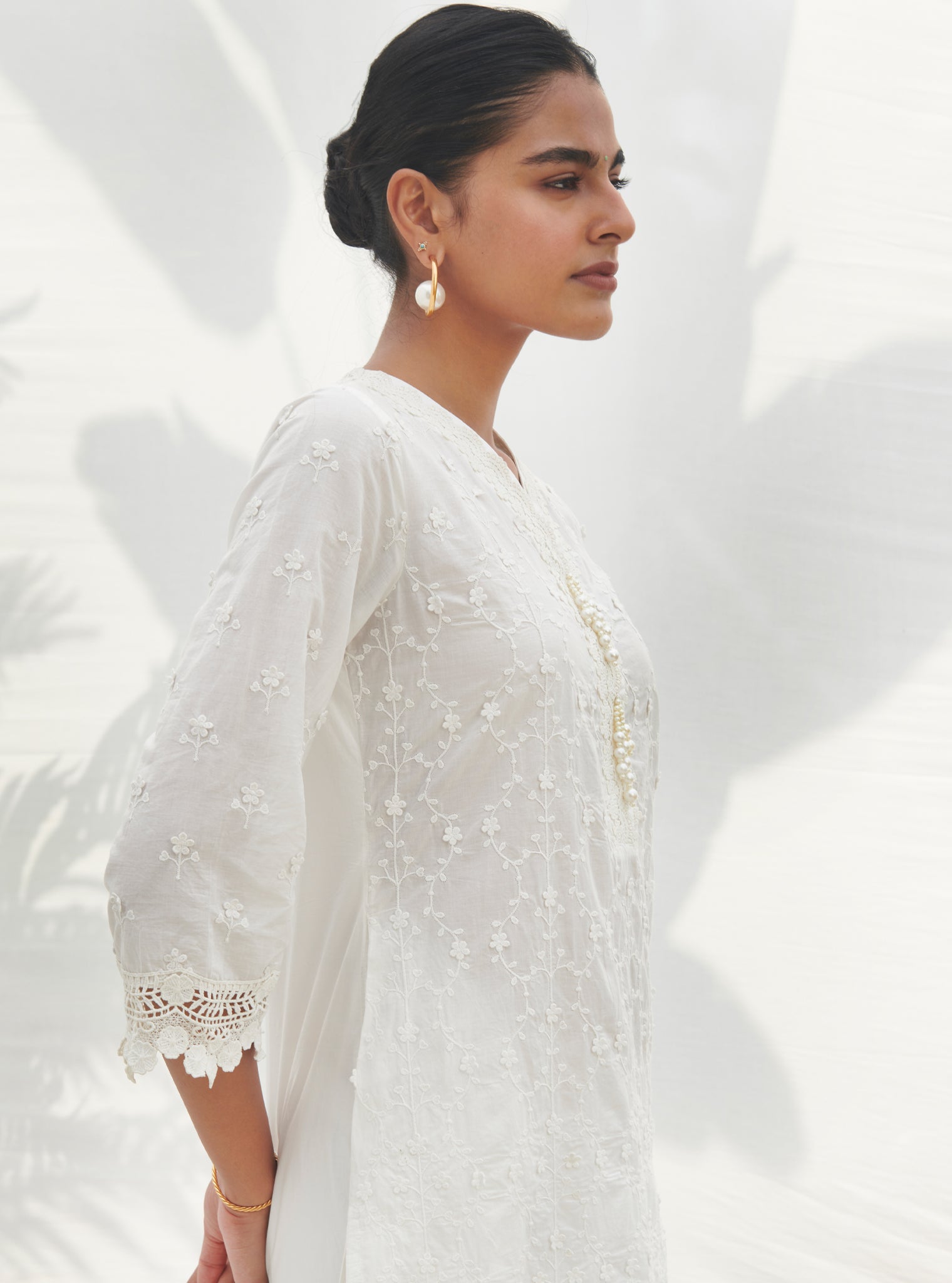 Mulmul Cotton Veliena White Kurta With Mulmul Cotton Applique Organza Panel White pant