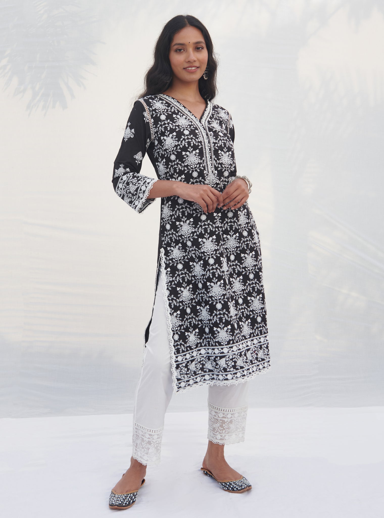 Mulmul Cotton Verla Black Kurta With Mulmul Cotton Verla White Pant