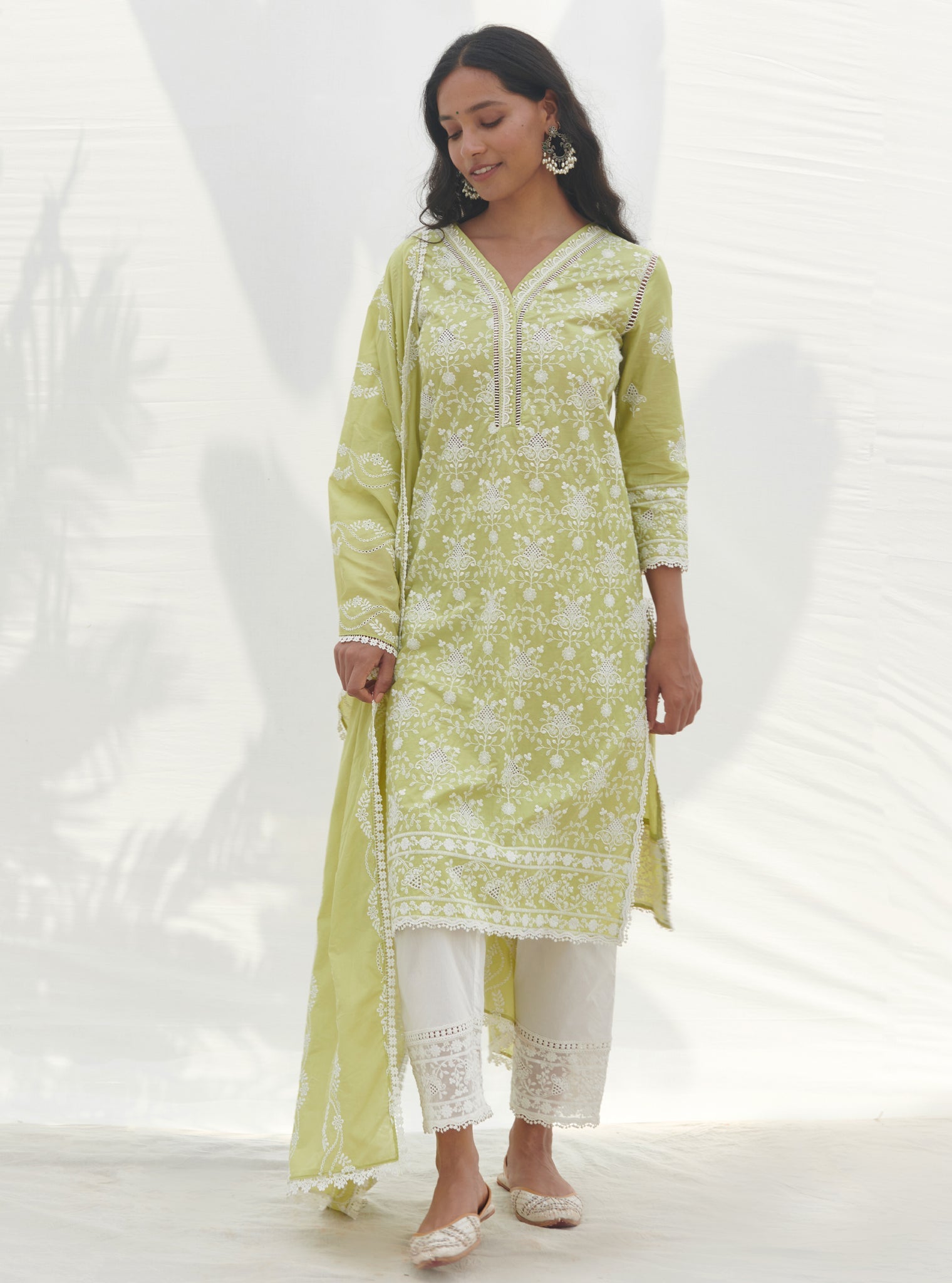 Mulmul Cotton Verla Lime Kurta With Mulmul Cotton Verla White Pant