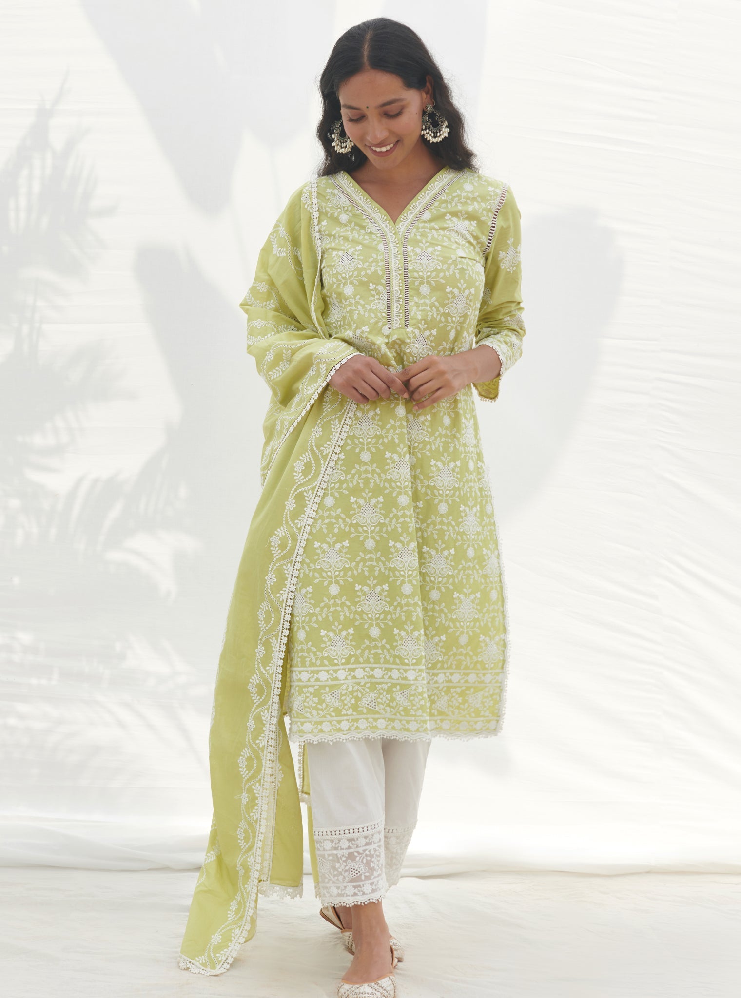 Mulmul Cotton Verla Lime Kurta With Mulmul Cotton Verla White Pant