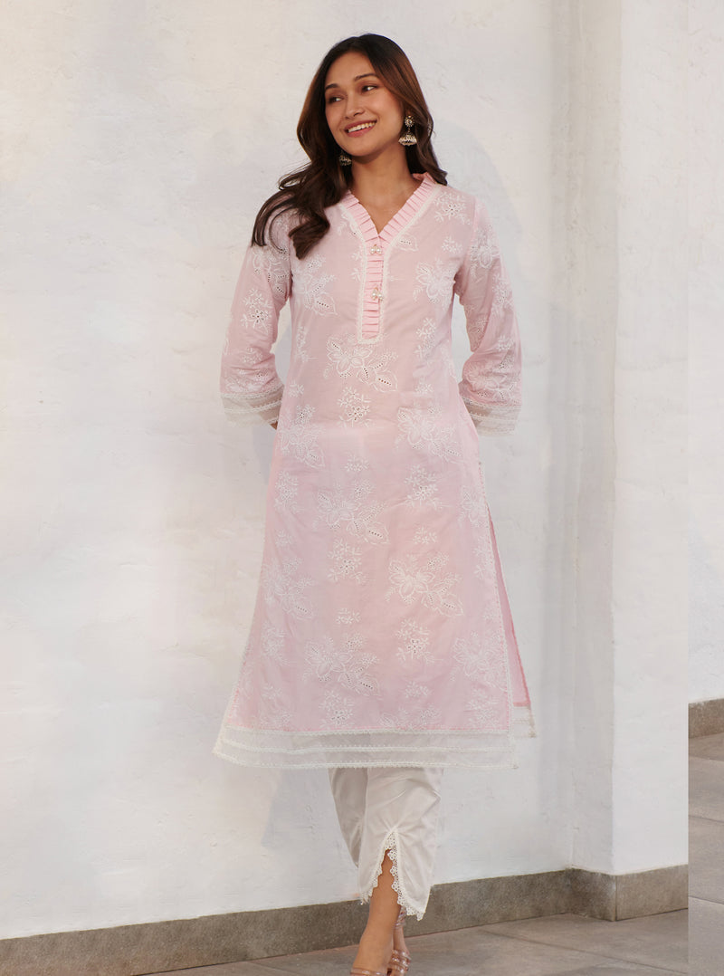 Mulmul Cotton Verlem pink kurta