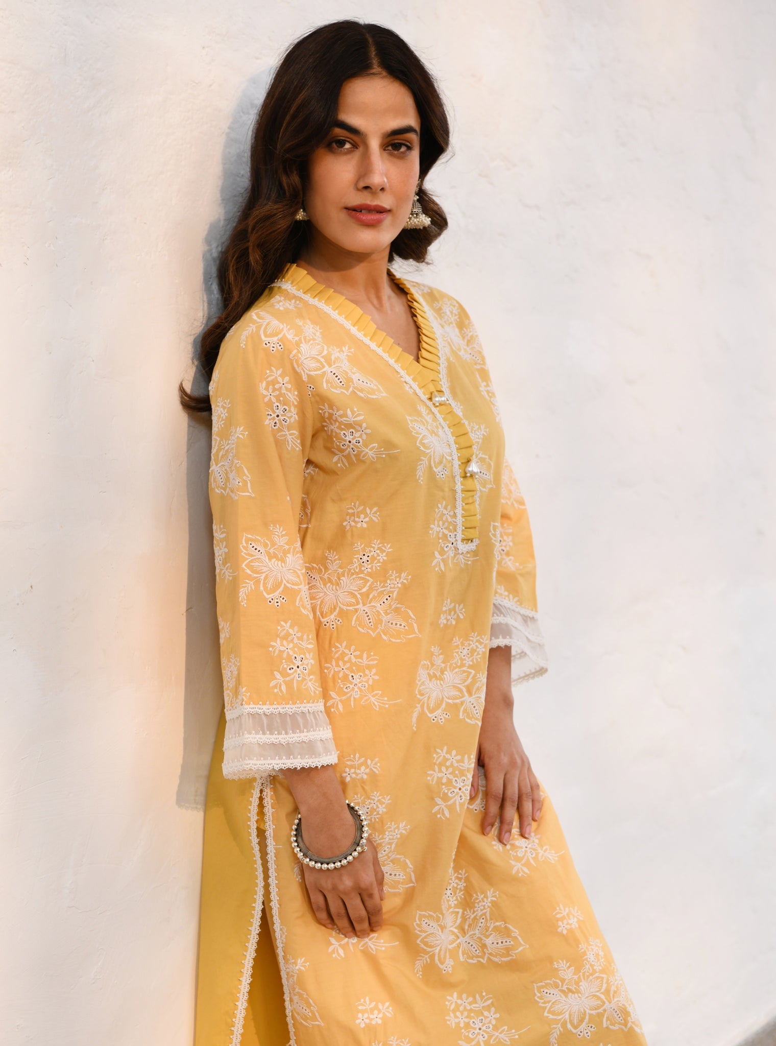 Mulmul Cotton Verlem Yellow Kurta With Mulmul Cotton Chemical Lace White Salwar