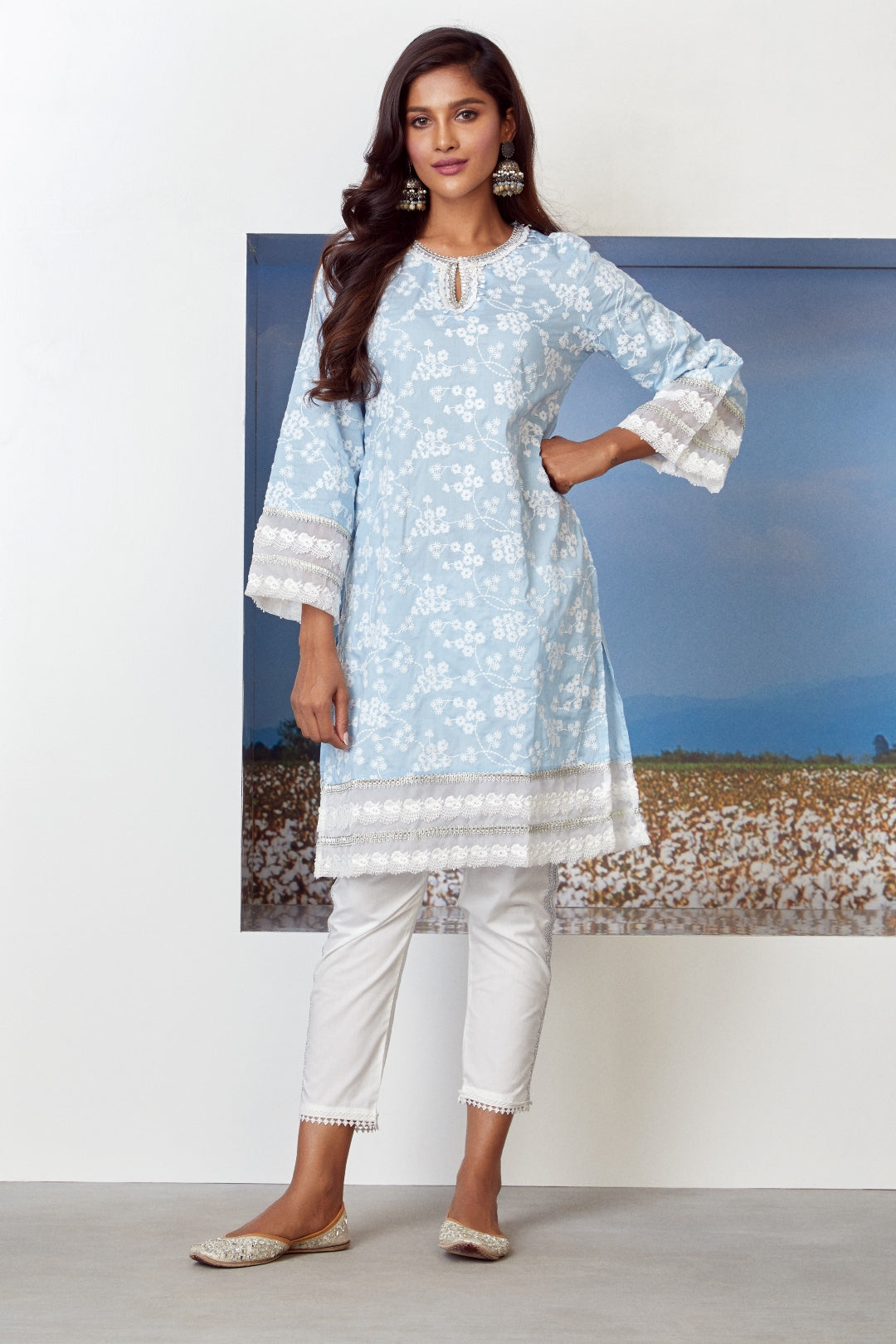 Mulmul Cotton Viva Light Blue Kurta With Gota Stripe White Pyajama