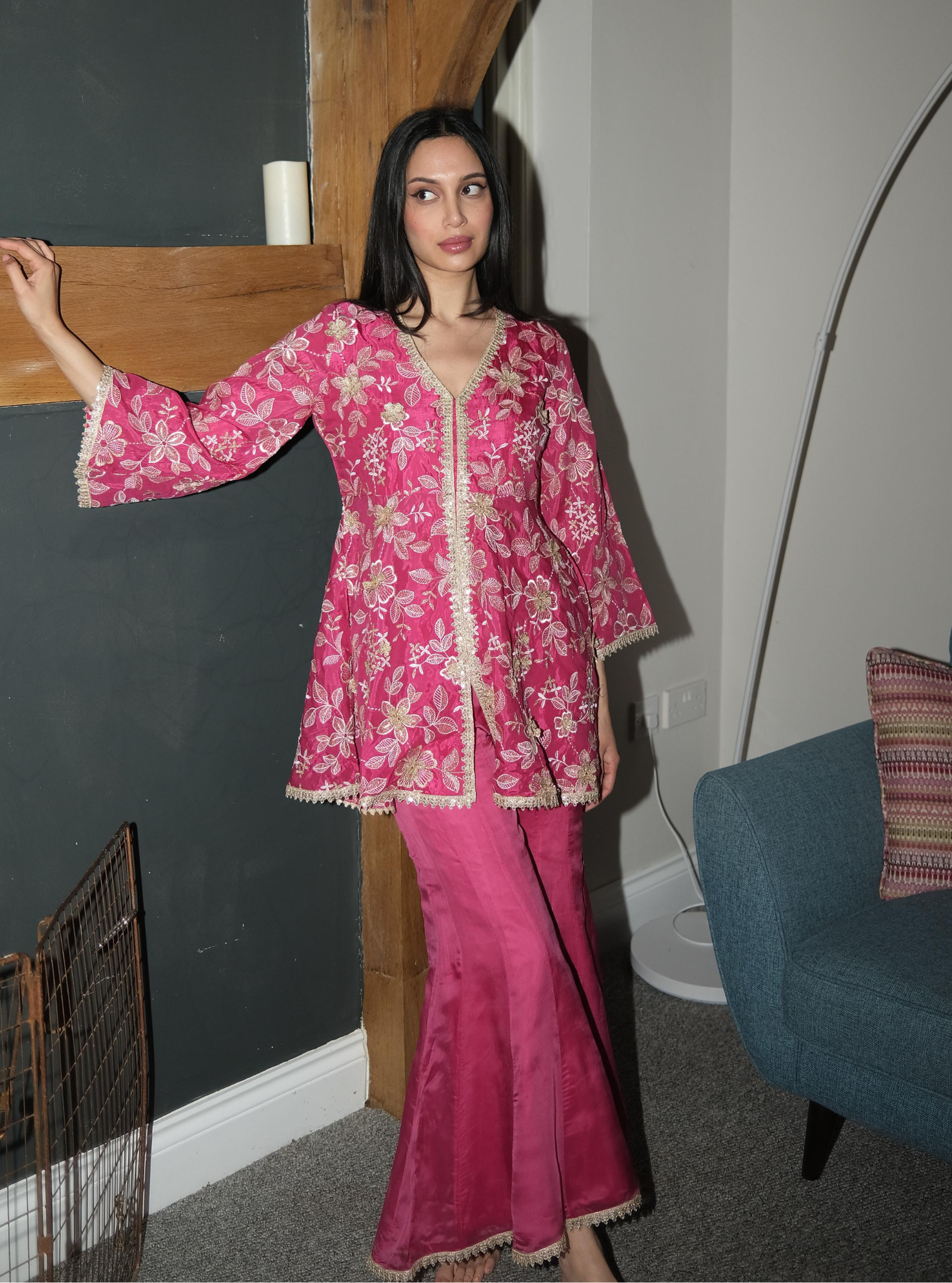 Mulmul Modal Silk Manjha Fuschia Top With Mulmul Organza Manjha Fuschia Sharara