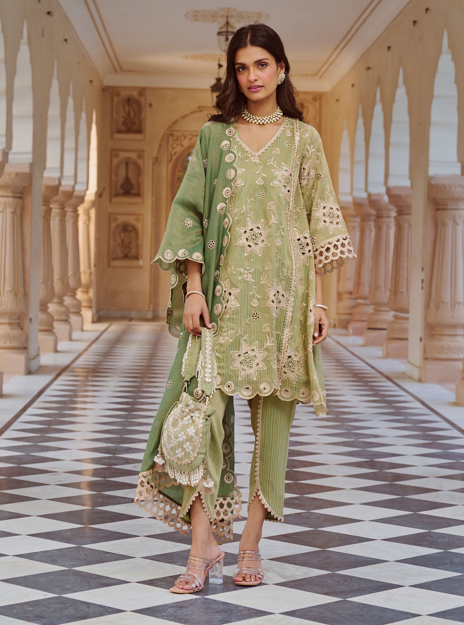 Mulmul Banarsi Magan Green Kurta with Mulmul Banarsi Magan Green Dhoti Pant