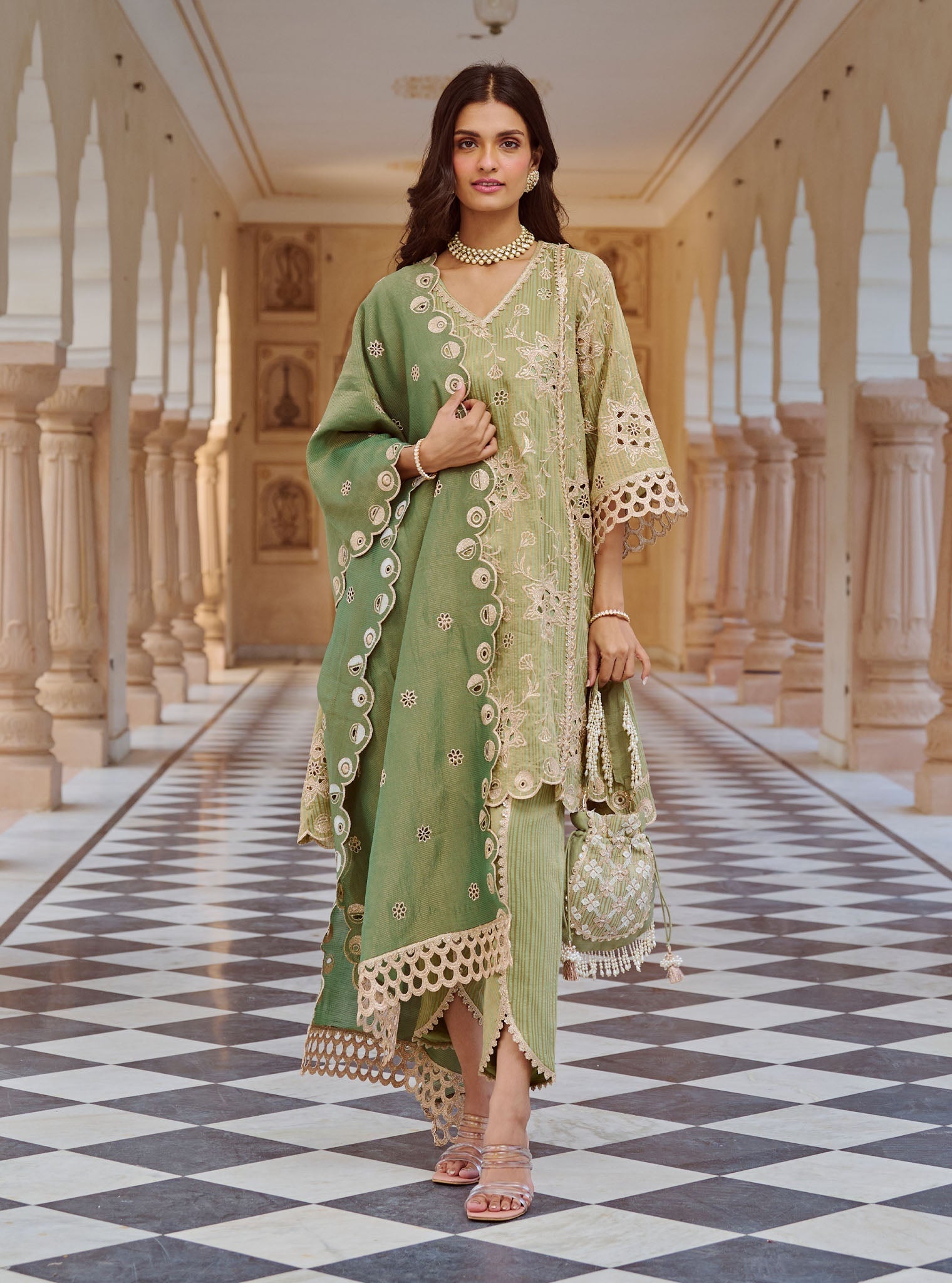 Mulmul Banarsi Magan Green Kurta with Mulmul Banarsi Magan Green Dhoti Pant