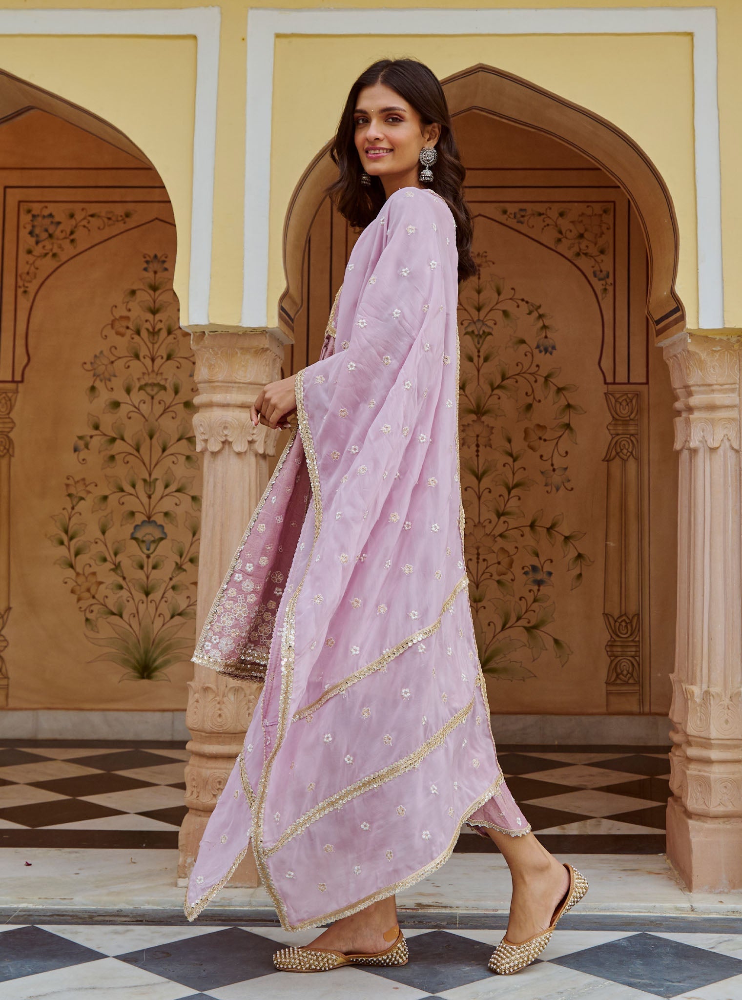 Mulmul Tissue Satin Sajeya Lilac Anarkali Kurta with Mulmul Luxe Tissue Satin Sajeya Lilac Dhoti Pant