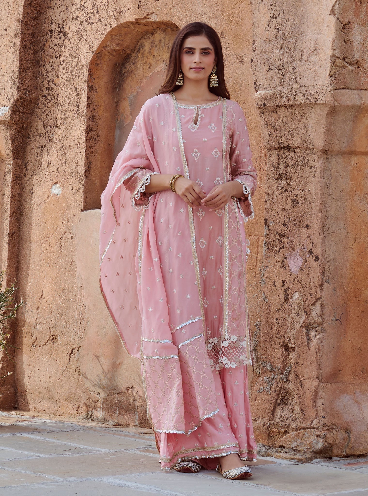 Mulmul Organza Satin Kundmayi Light Pink Kurta with Mulmul Modal Satin Kudmayi Light Pink pallazo