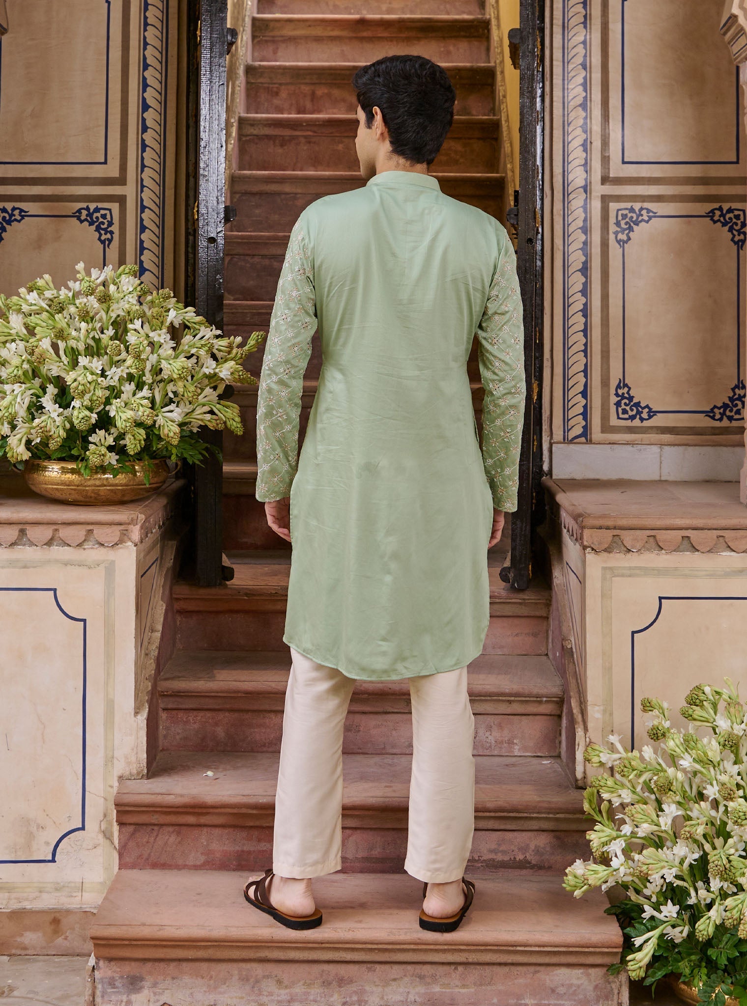 Mulmul Pima Satin Shava Sage Green Men Kurta with Mulmul Pima Satin Shava Off White Pyajama