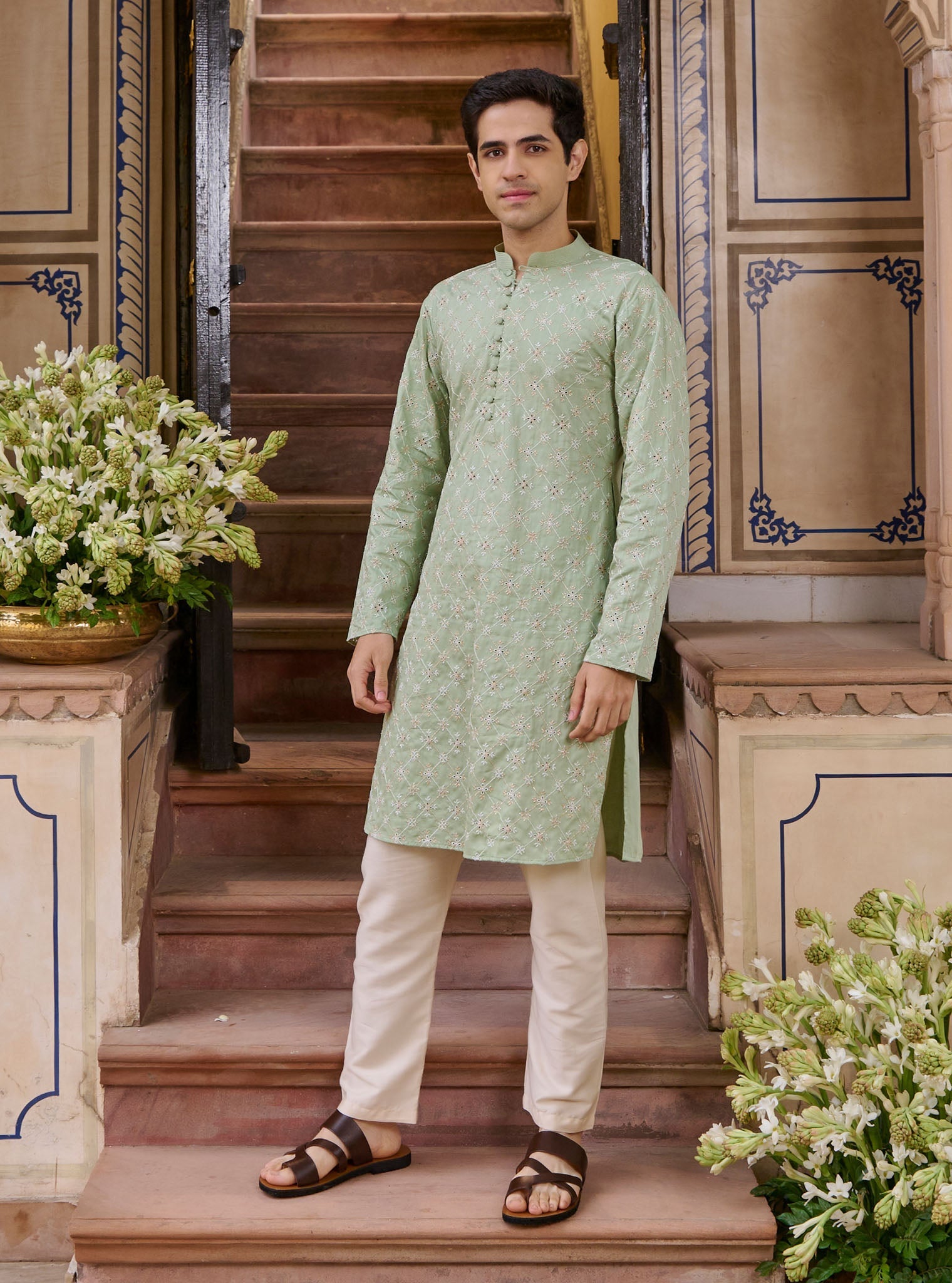 Mulmul Pima Satin Shava Sage Green Men Kurta with Mulmul Pima Satin Shava Off White Pyajama