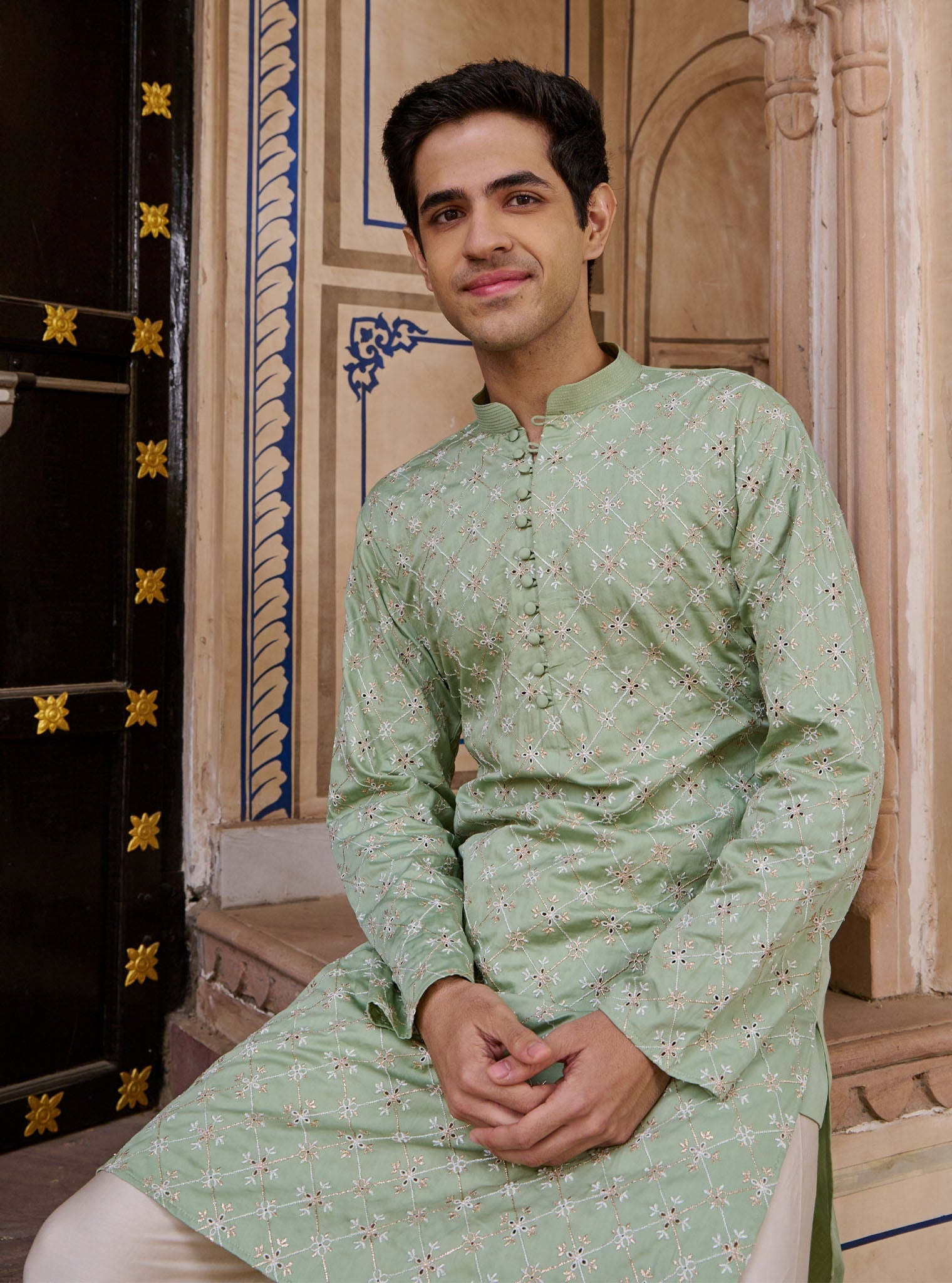 Mulmul Pima Satin Shava Sage Green Men Kurta with Mulmul Pima Satin Shava Off White Pyajama