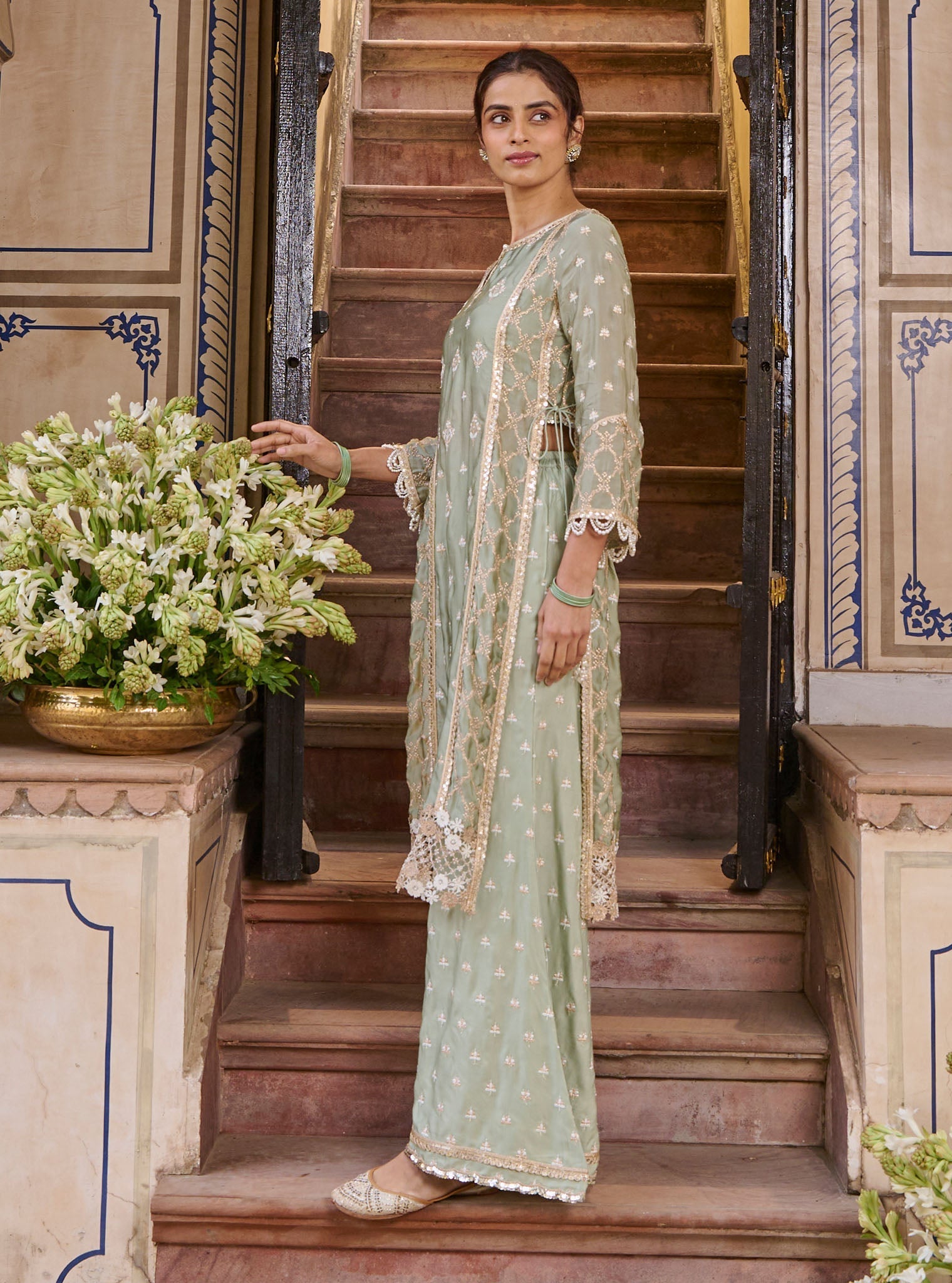 Mulmul Organza Satin Kundmayi Sage Green Kurta with Mulmul Modal Satin Kudmayi Sage Green pallazo