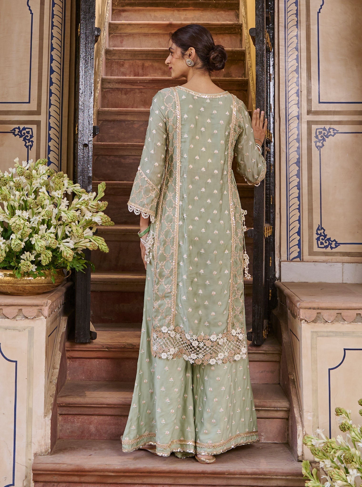 Mulmul Organza Satin Kundmayi Sage Green Kurta with Mulmul Modal Satin Kudmayi Sage Green pallazo