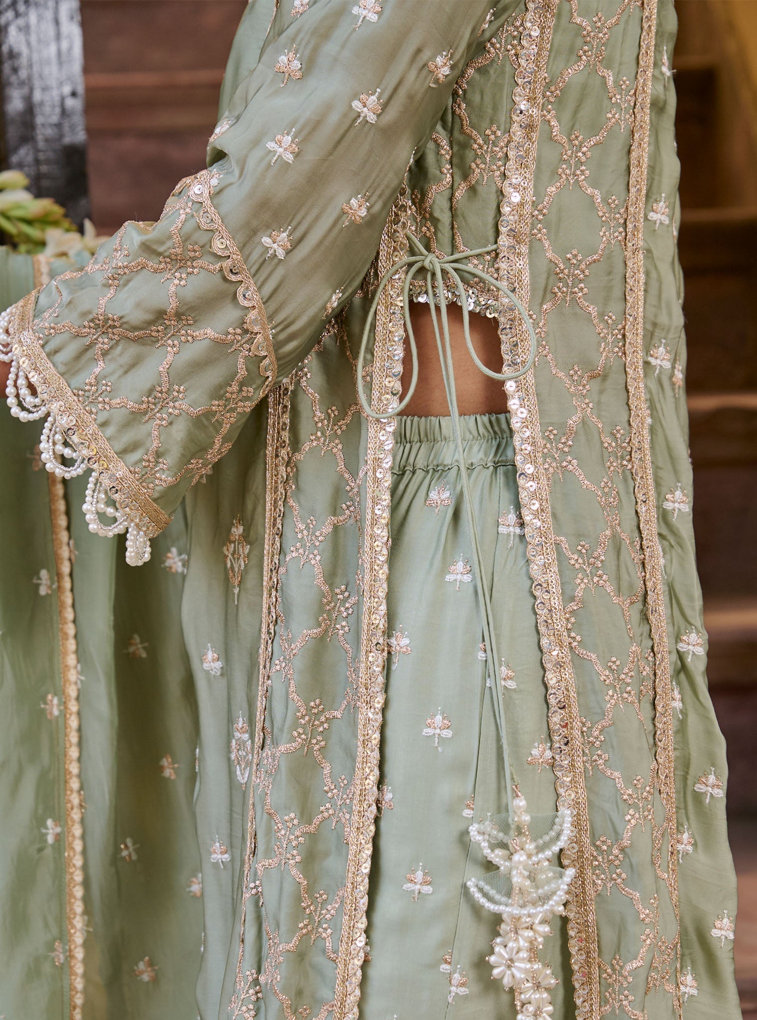 Kundmayi Organza Satin Sage Green Kurta with Palazzo Set