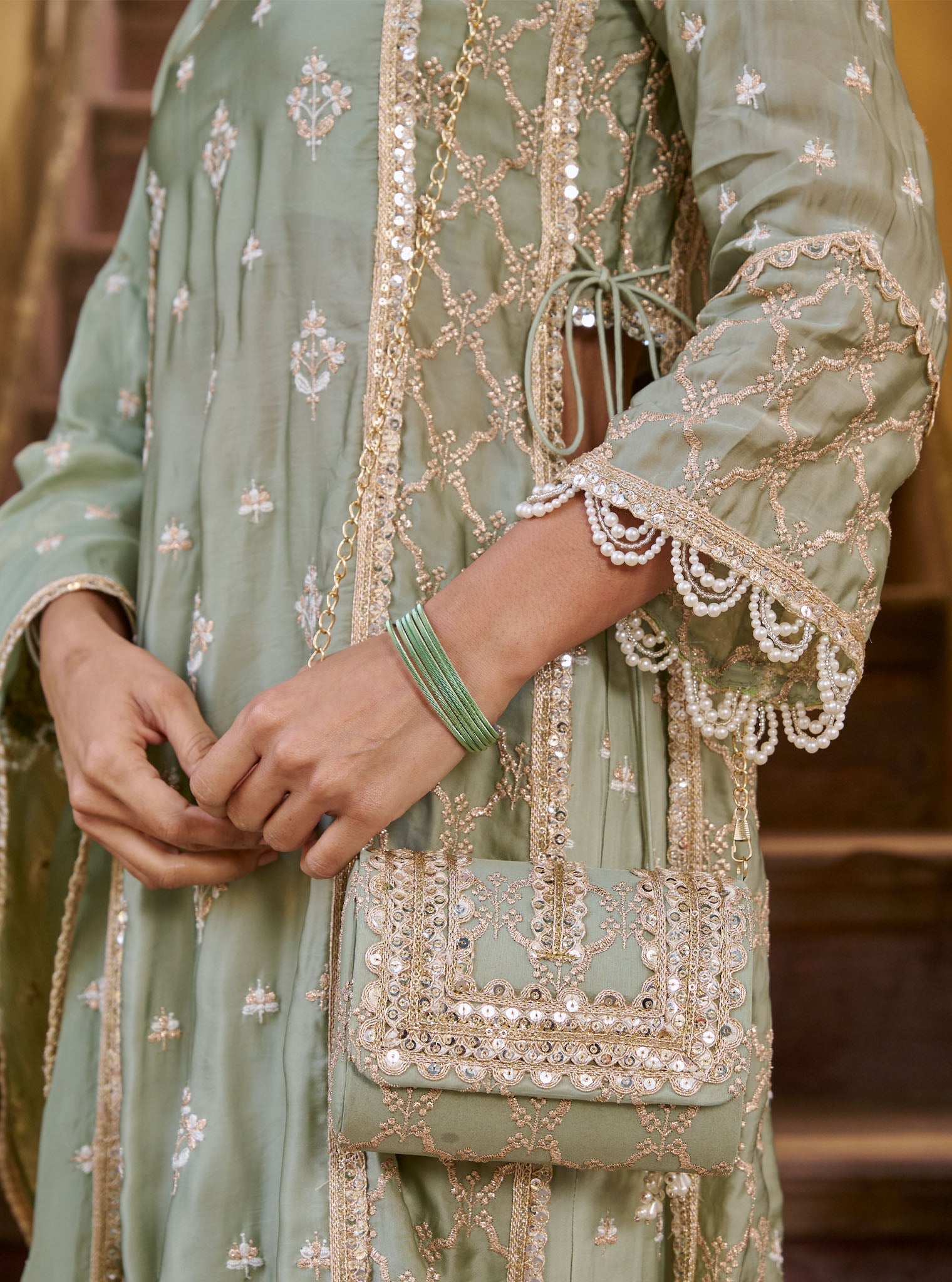 Kundmayi Organza Satin Sage Green Kurta with Palazzo Set