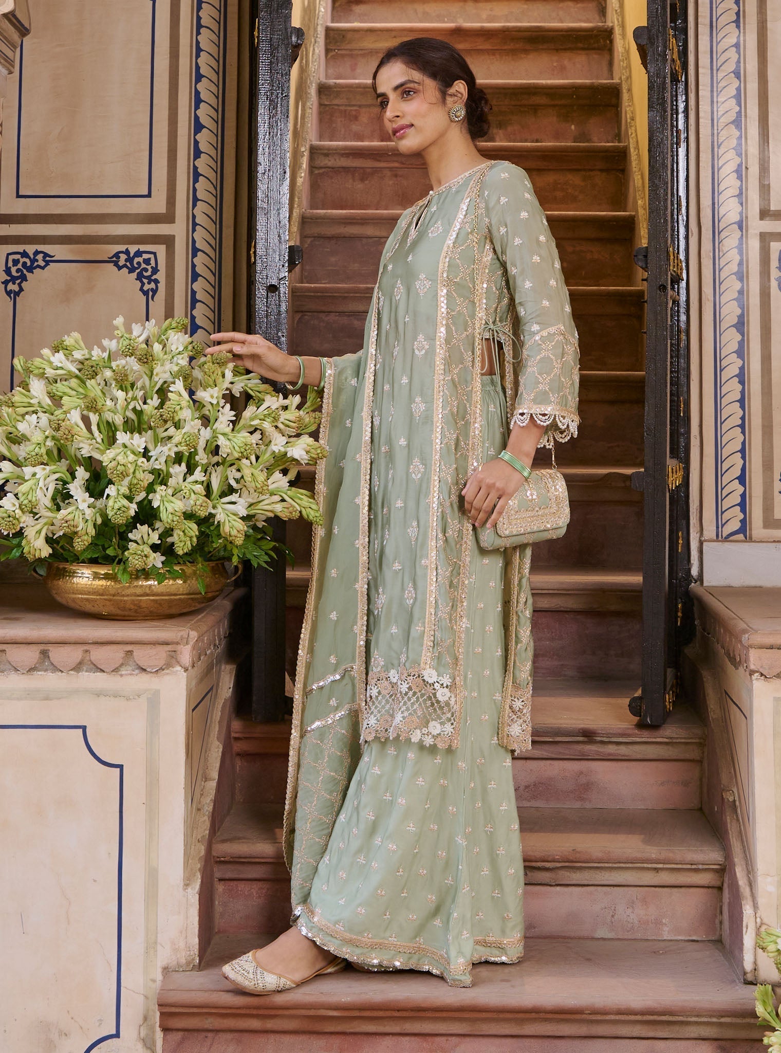 Mulmul Organza Satin Kundmayi Sage Green Kurta with Mulmul Modal Satin Kudmayi Sage Green pallazo