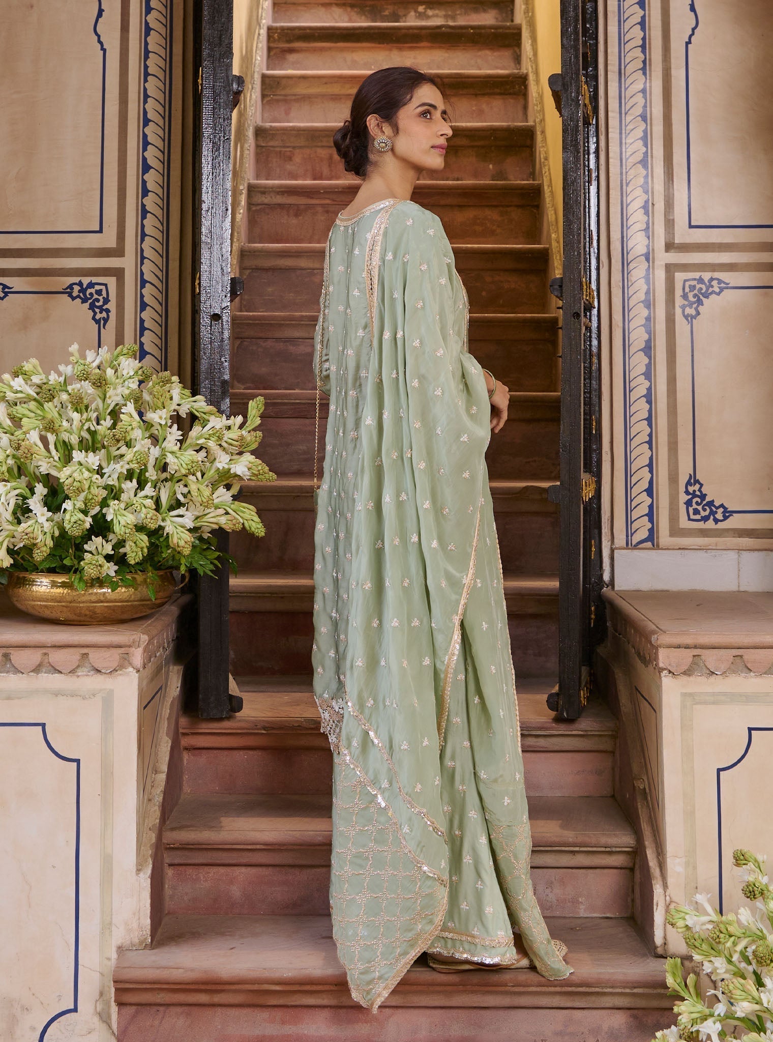 Mulmul Organza Satin Kundmayi Sage Green Kurta with Mulmul Modal Satin Kudmayi Sage Green pallazo