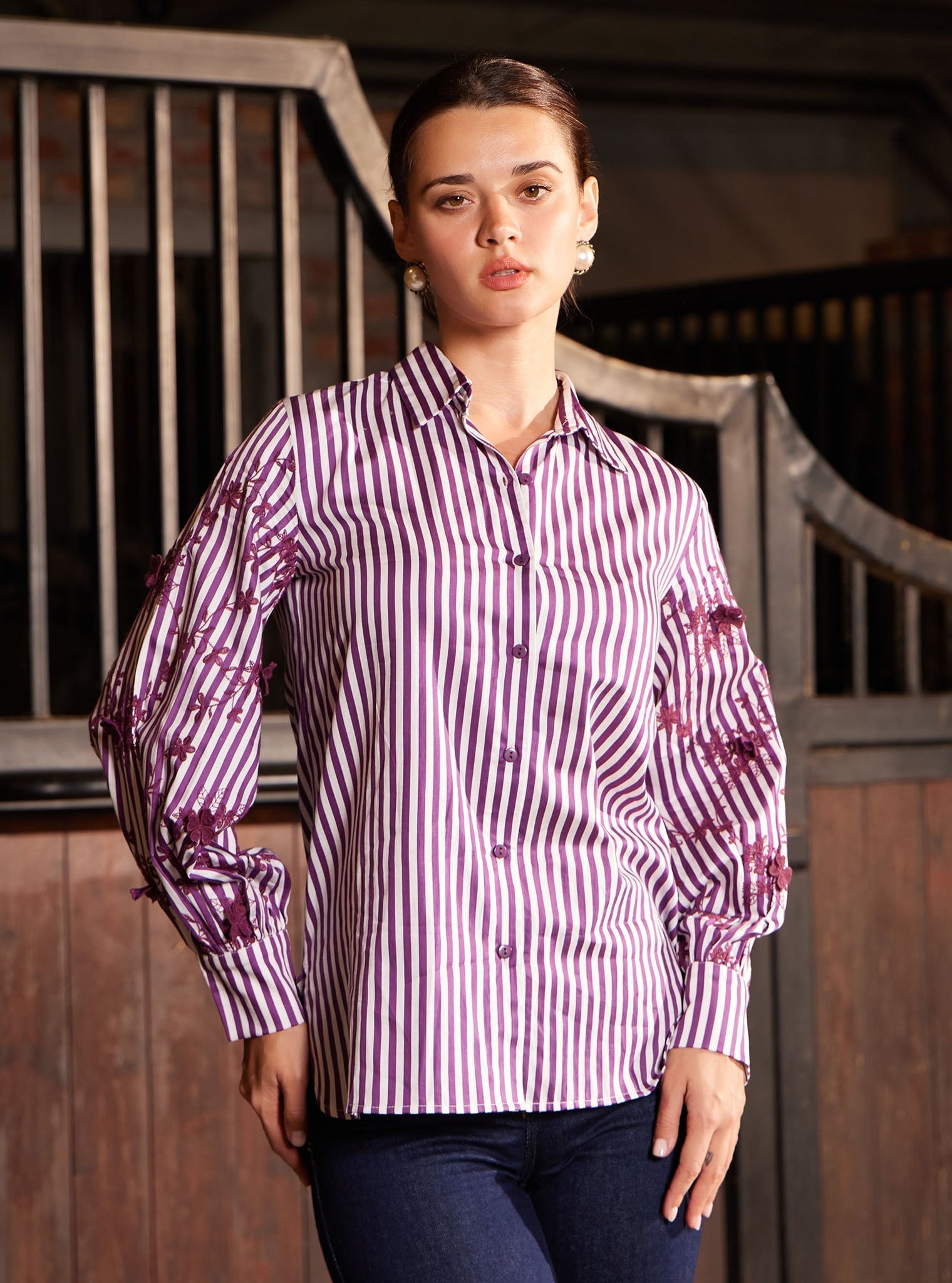 Mulmul Pima Stripe Printed Astraea Purple Shirt