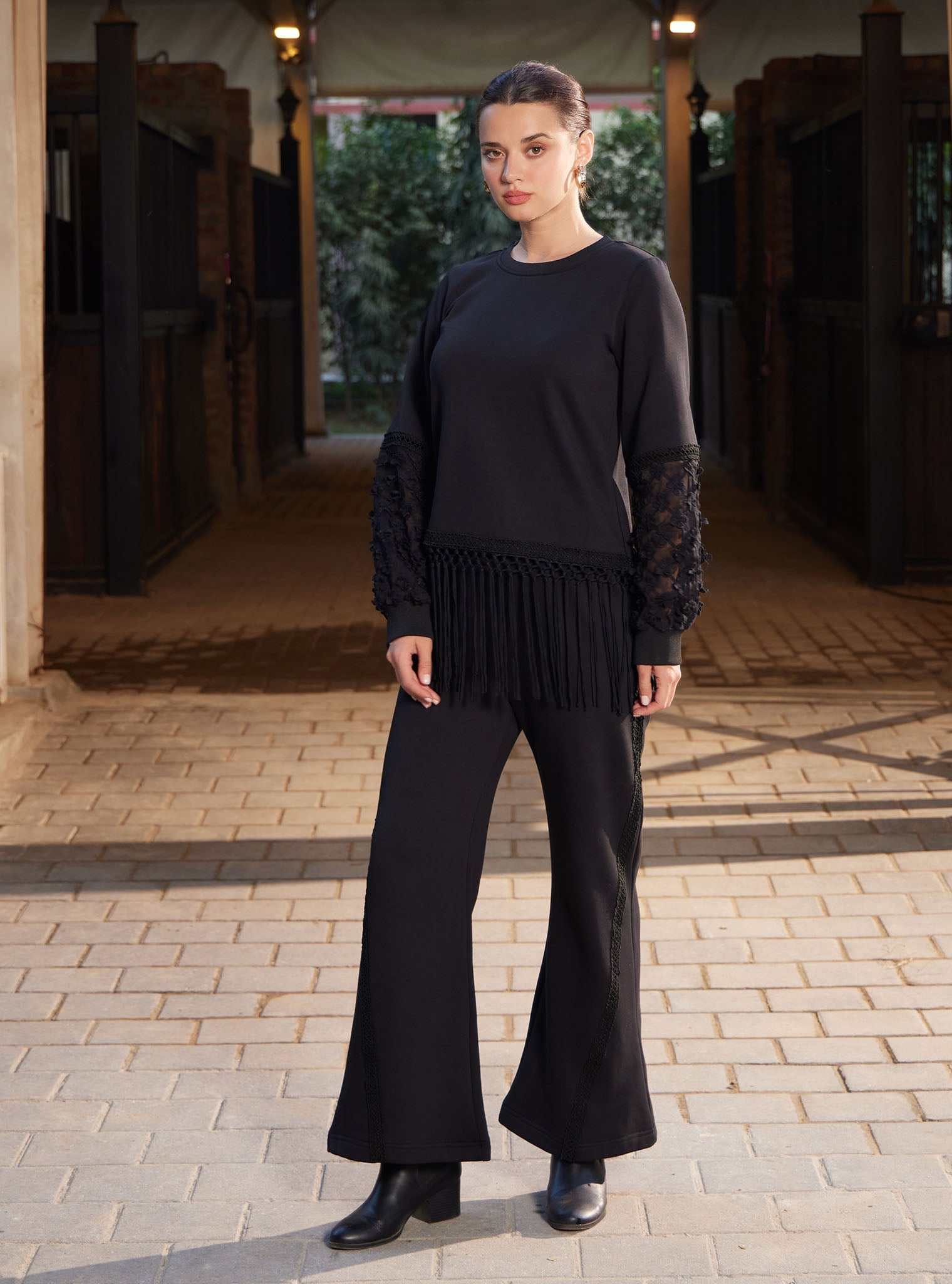 Mulmul Fleece Althea Black Top with Mulmul Fleece Circe Black Pant