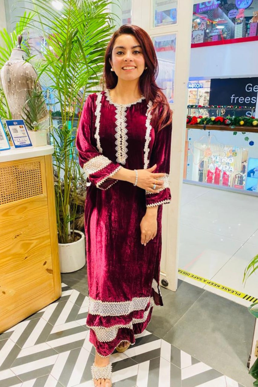 Makhmal Birch Wine Kurta With Makhmal Birch Wine Pyajama