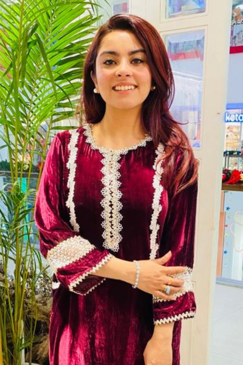 Makhmal Birch Wine Kurta With Makhmal Birch Wine Pyajama