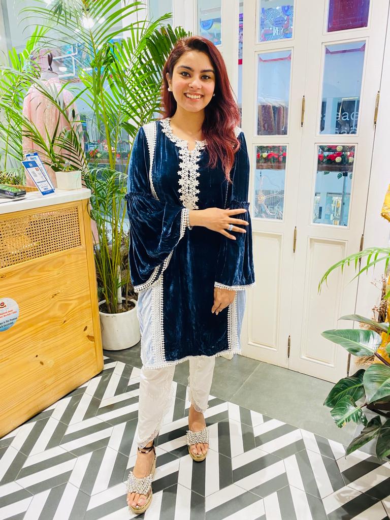 Makhmal Olive Blue Kurta With Mulmul Supima Cotton Scallop Dhoti