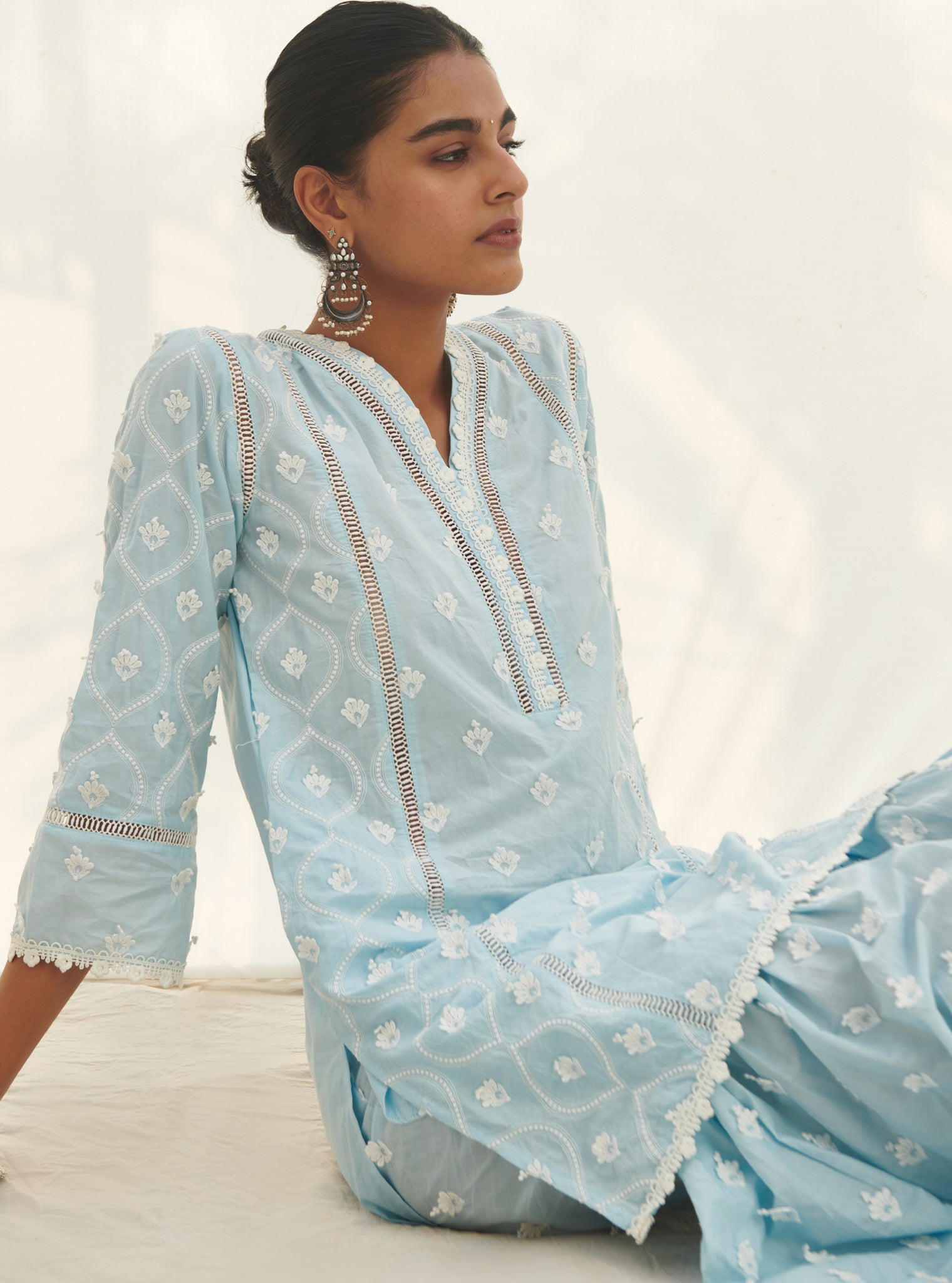 Mulmul Cotton Zarani Blue Kurta With Mulmul Cotton Zarani Blue Garara