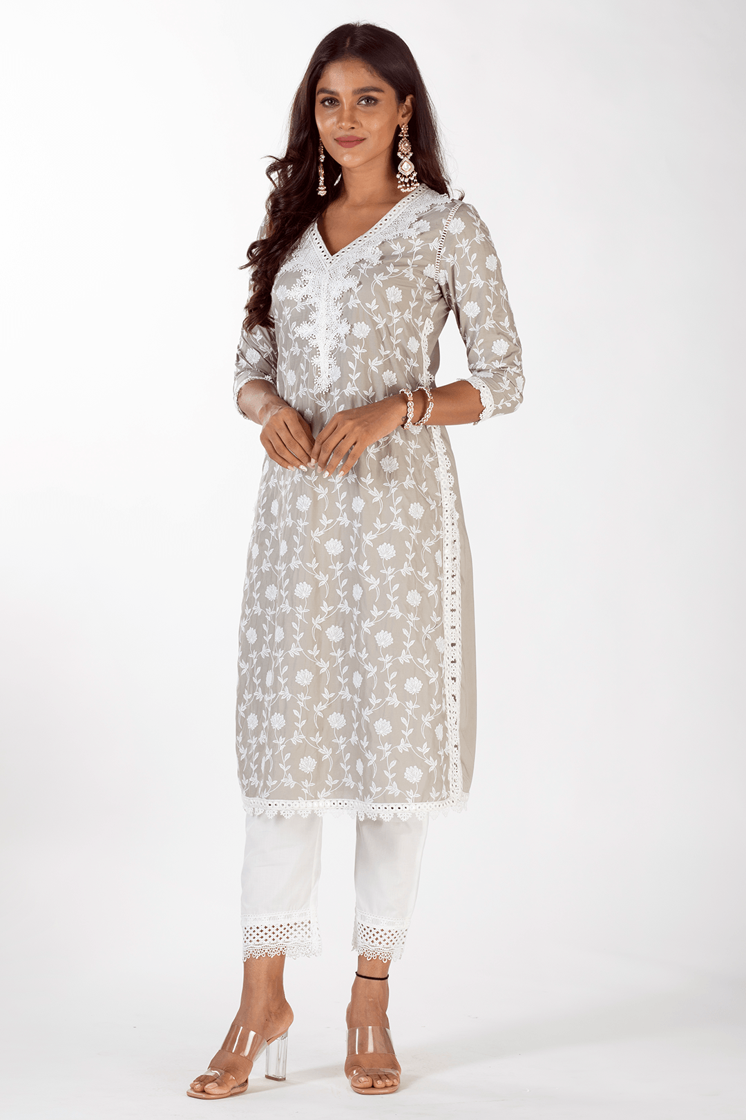 Mulmul Cotton Zeb Grey kurta With Sage Pant White