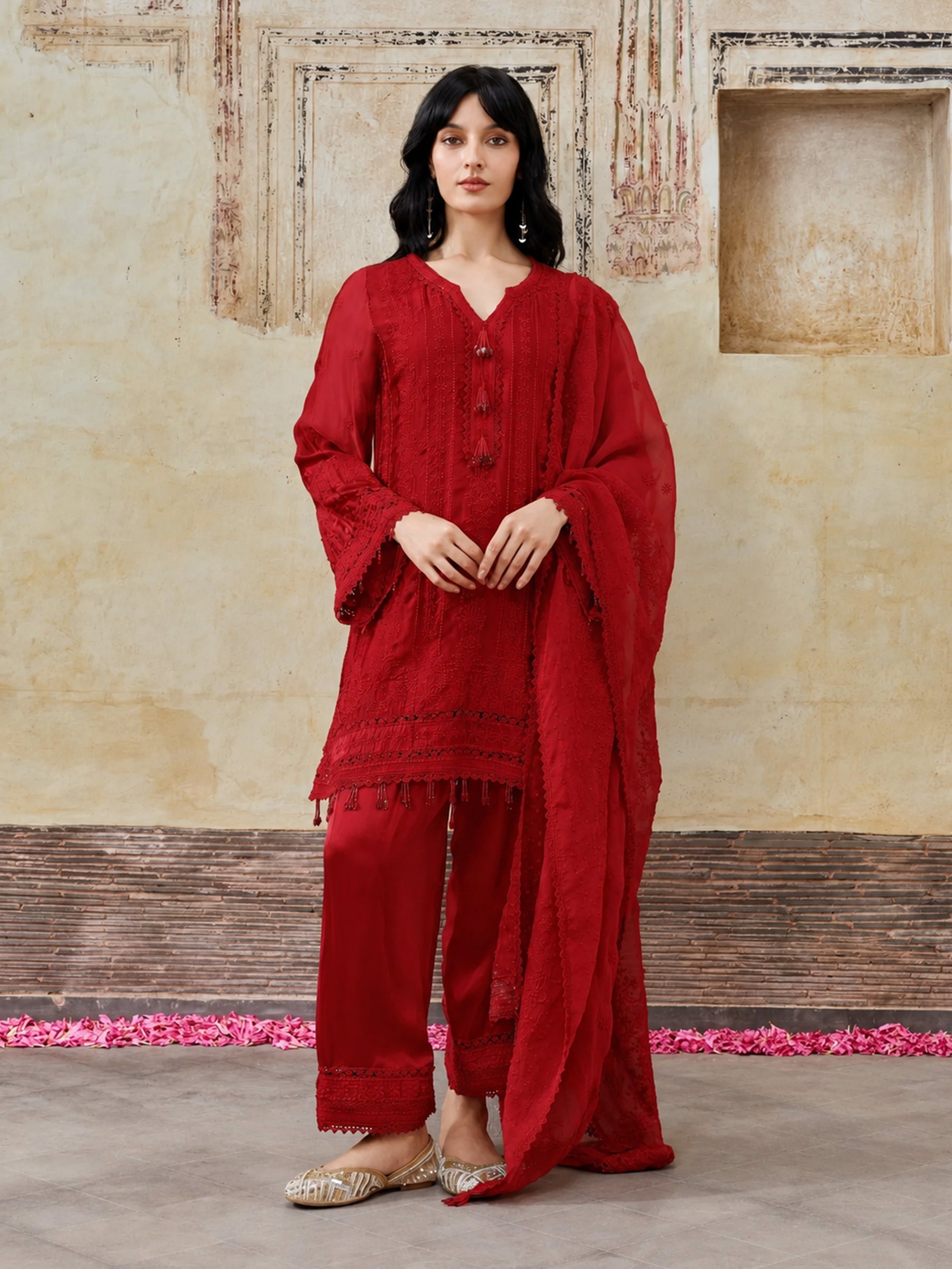 Zuri Cupro Satin Red Kurta With Farshi Salwar
