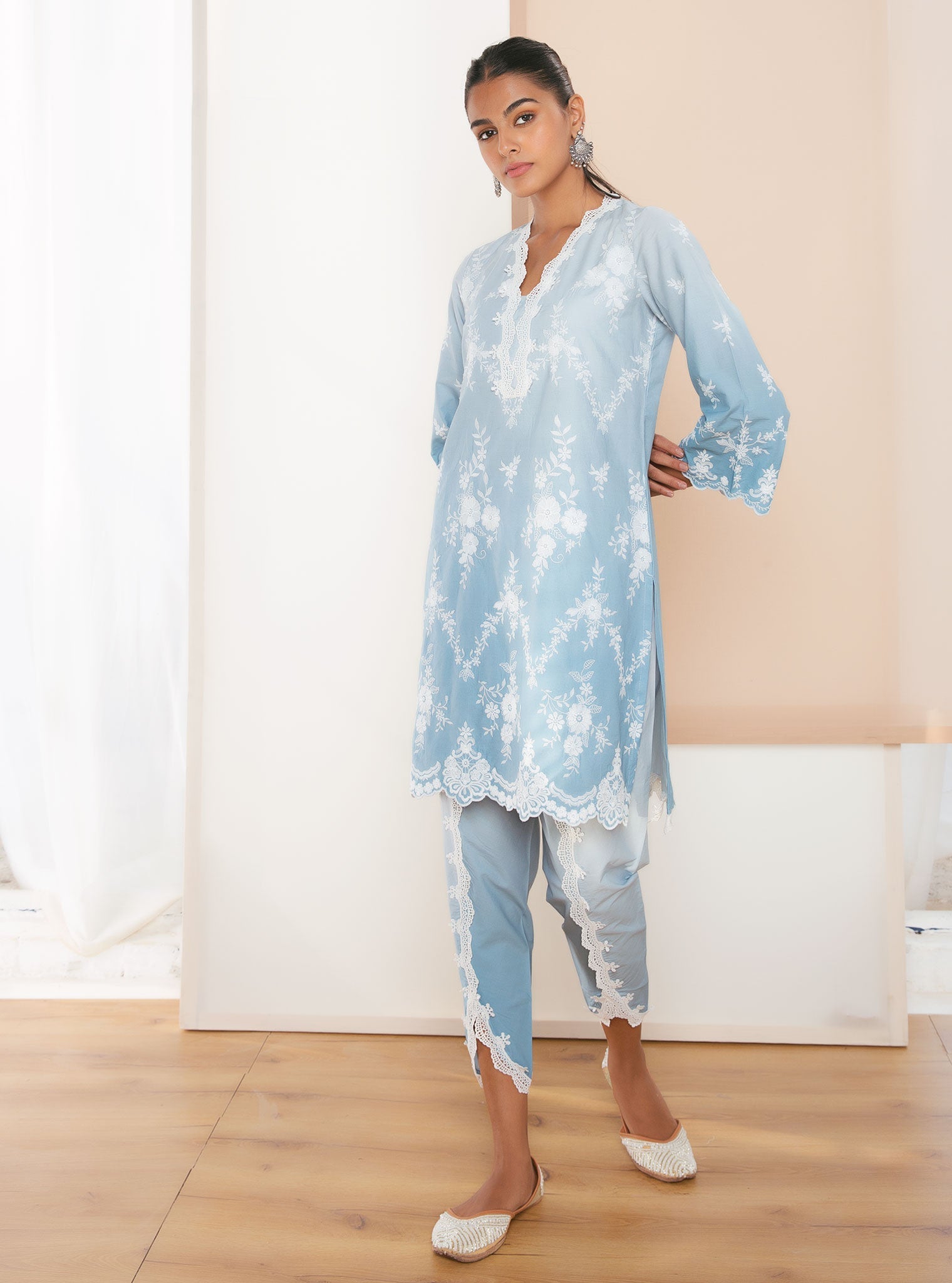 Mulmul Cotton Atrai Blue Kurta With Atrai Blue Dhoti Pant