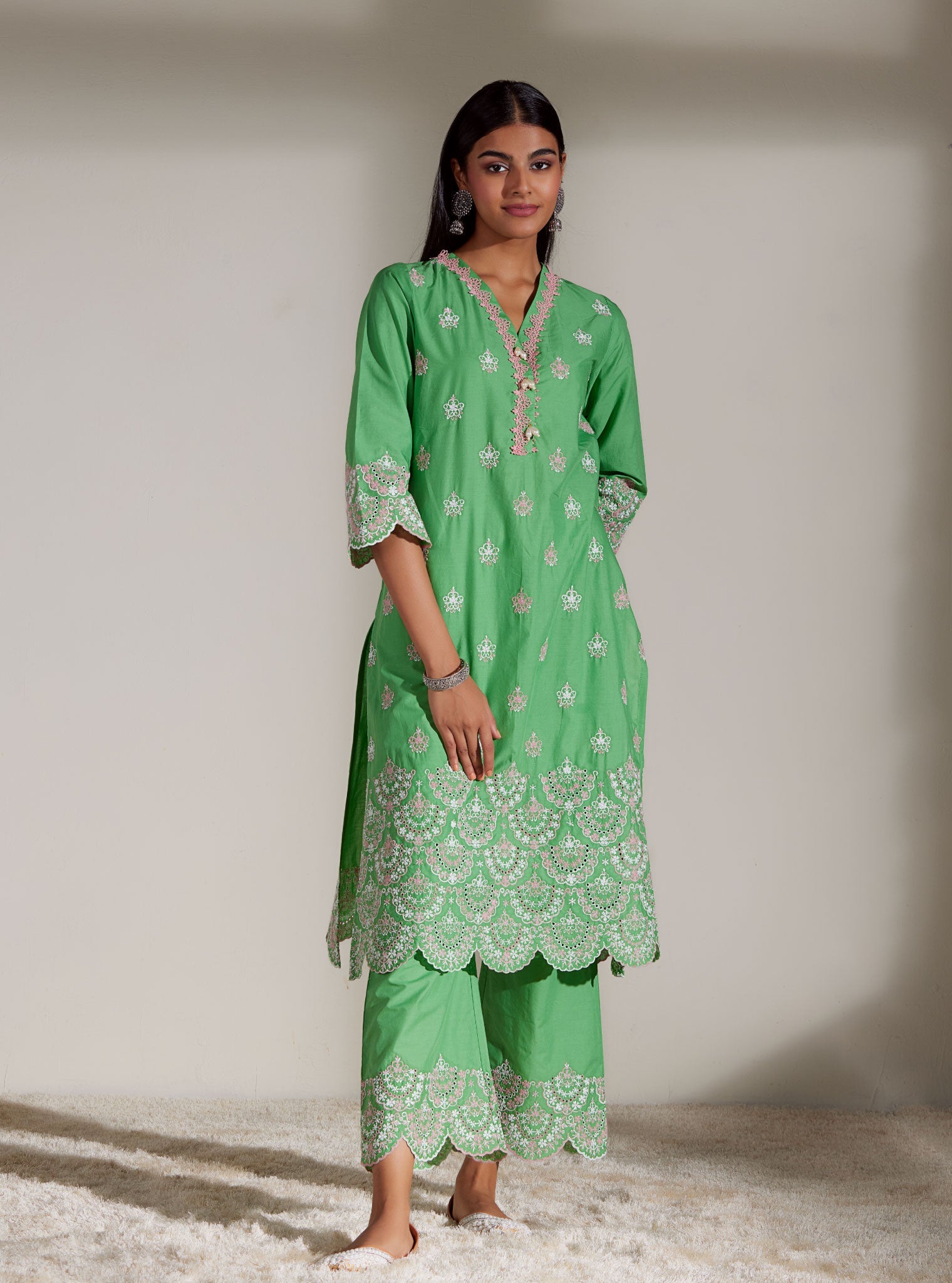 Mulmul Cotton Aviana Green Kurta With Aviana Green Pant