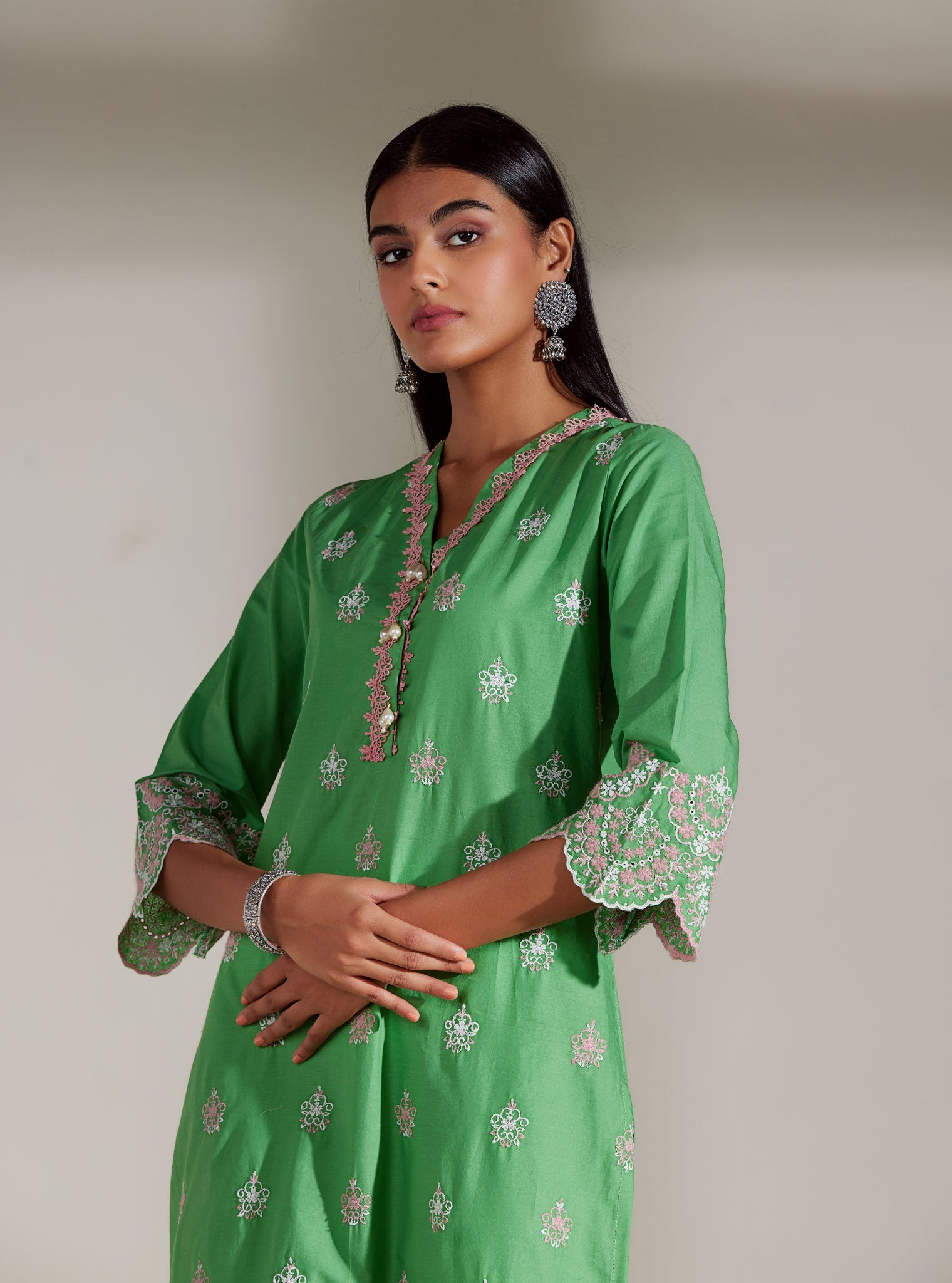 Mulmul Cotton Aviana Green Kurta With Aviana Green Pant