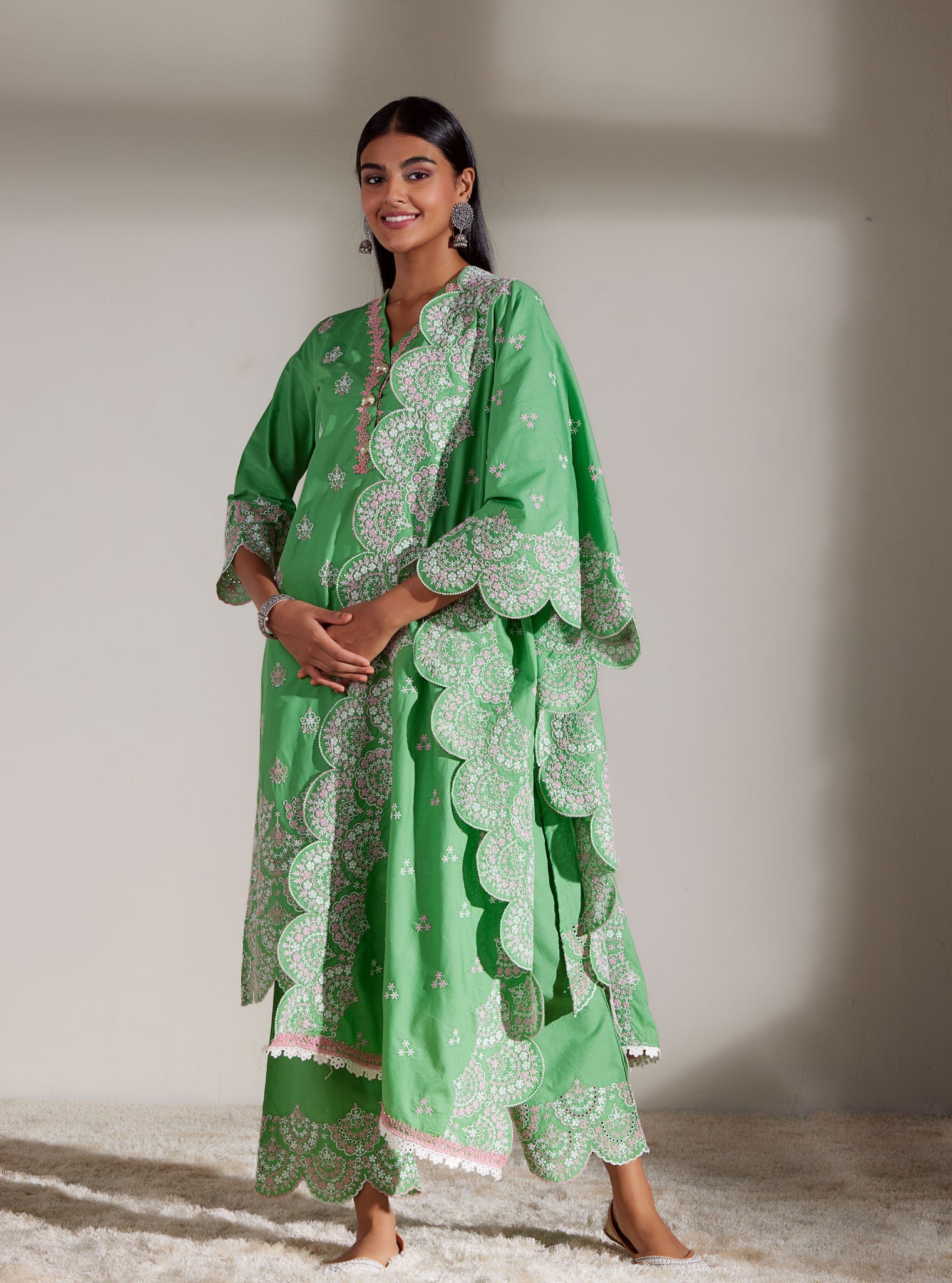 Mulmul Cotton Aviana Green Kurta With Aviana Green Pant