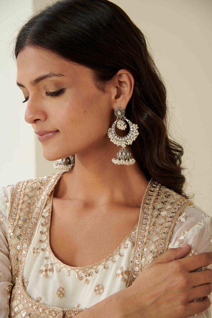 Pure Silver Crystal Pearl Chandbali