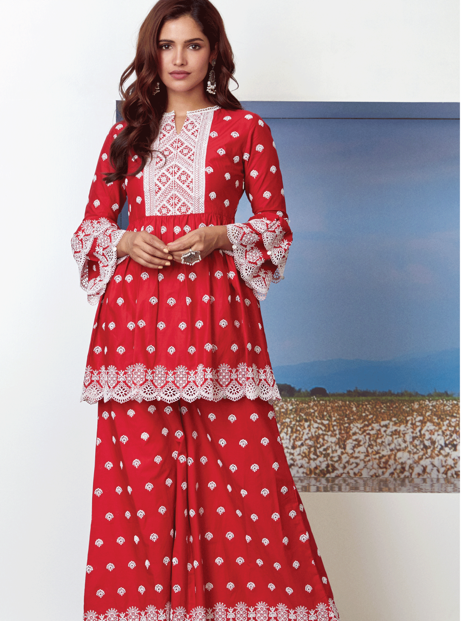 Mulmul Cotton Brazen Red Kurta With Brazen Red Sharara