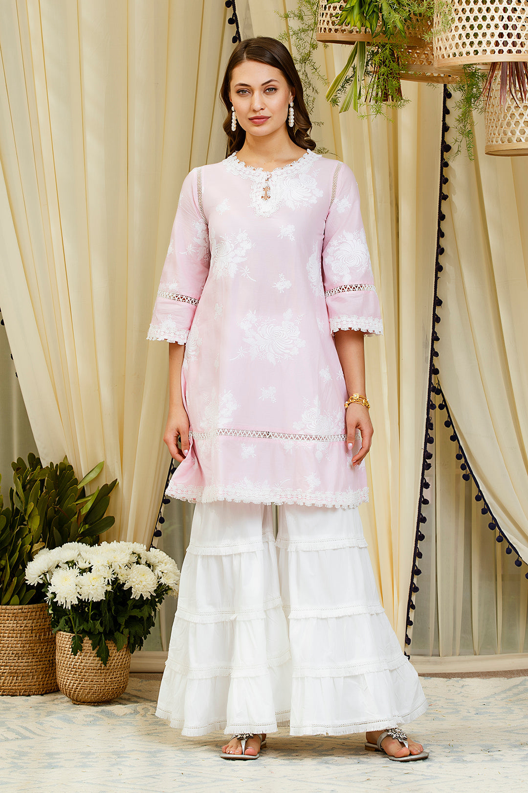 Mulmul Sunflower Pink Kurta With Garara