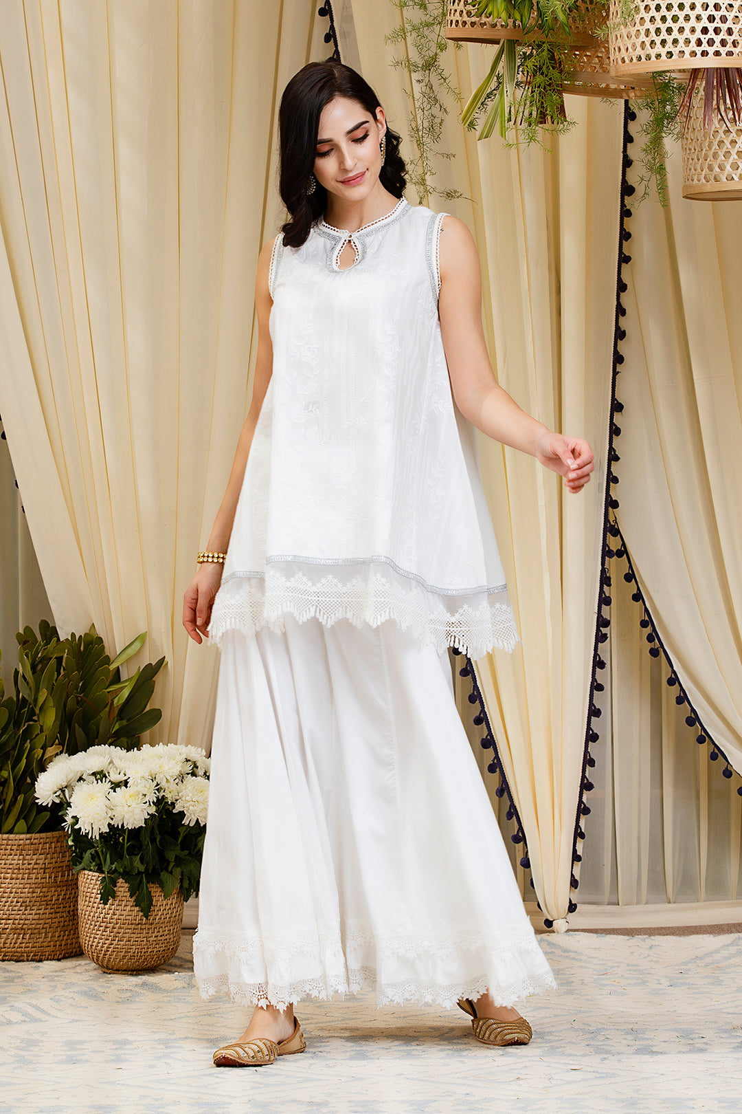 Blossom White Kurti Kurta with Sharara Set