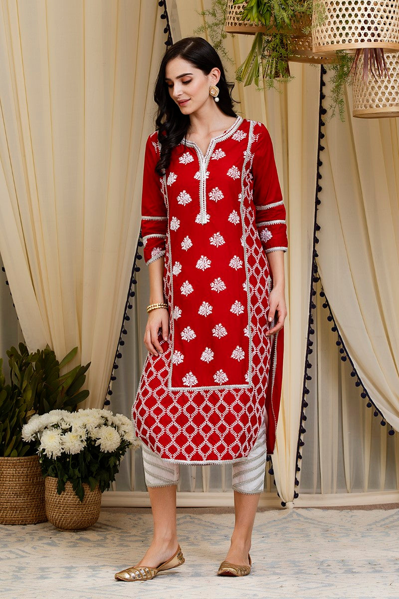 Mulmul cotton Senna  kurta with gota daigonal pyajamas