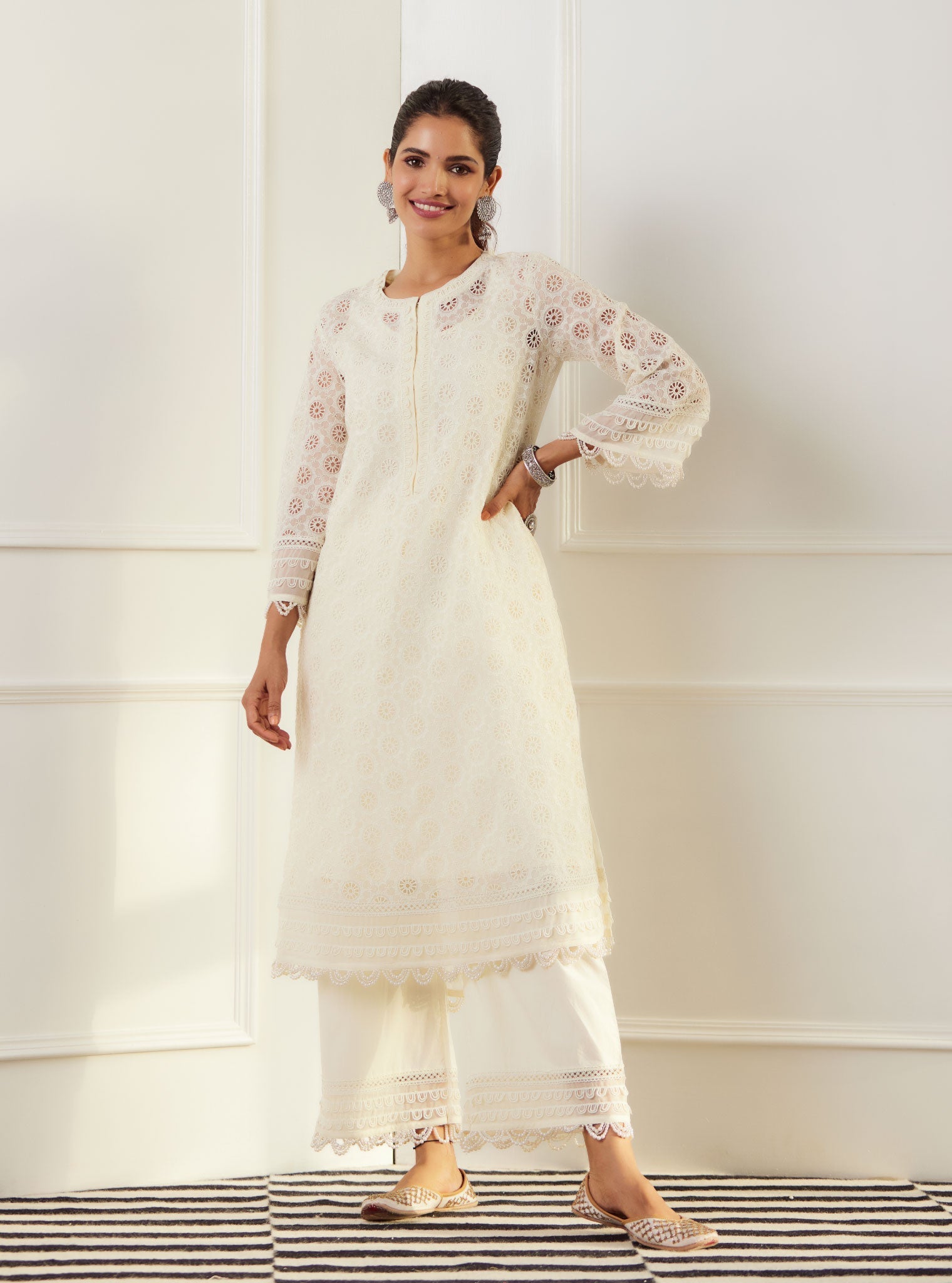 Mulmul Organza Charlotte Off White Kurta With Cotton Charlotte Off White Pant