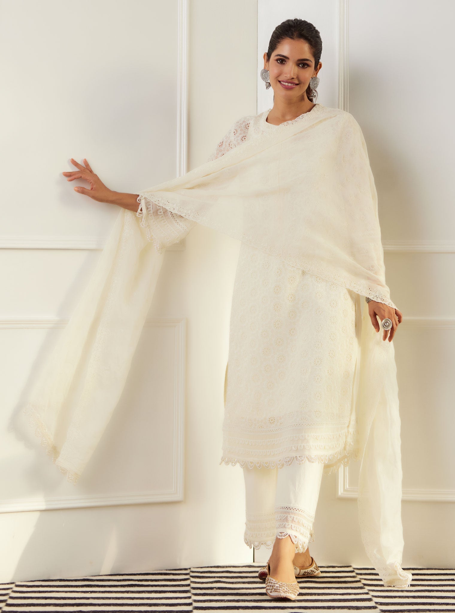 Mulmul Organza Charlotte Off White Kurta With Cotton Charlotte Off White Pant