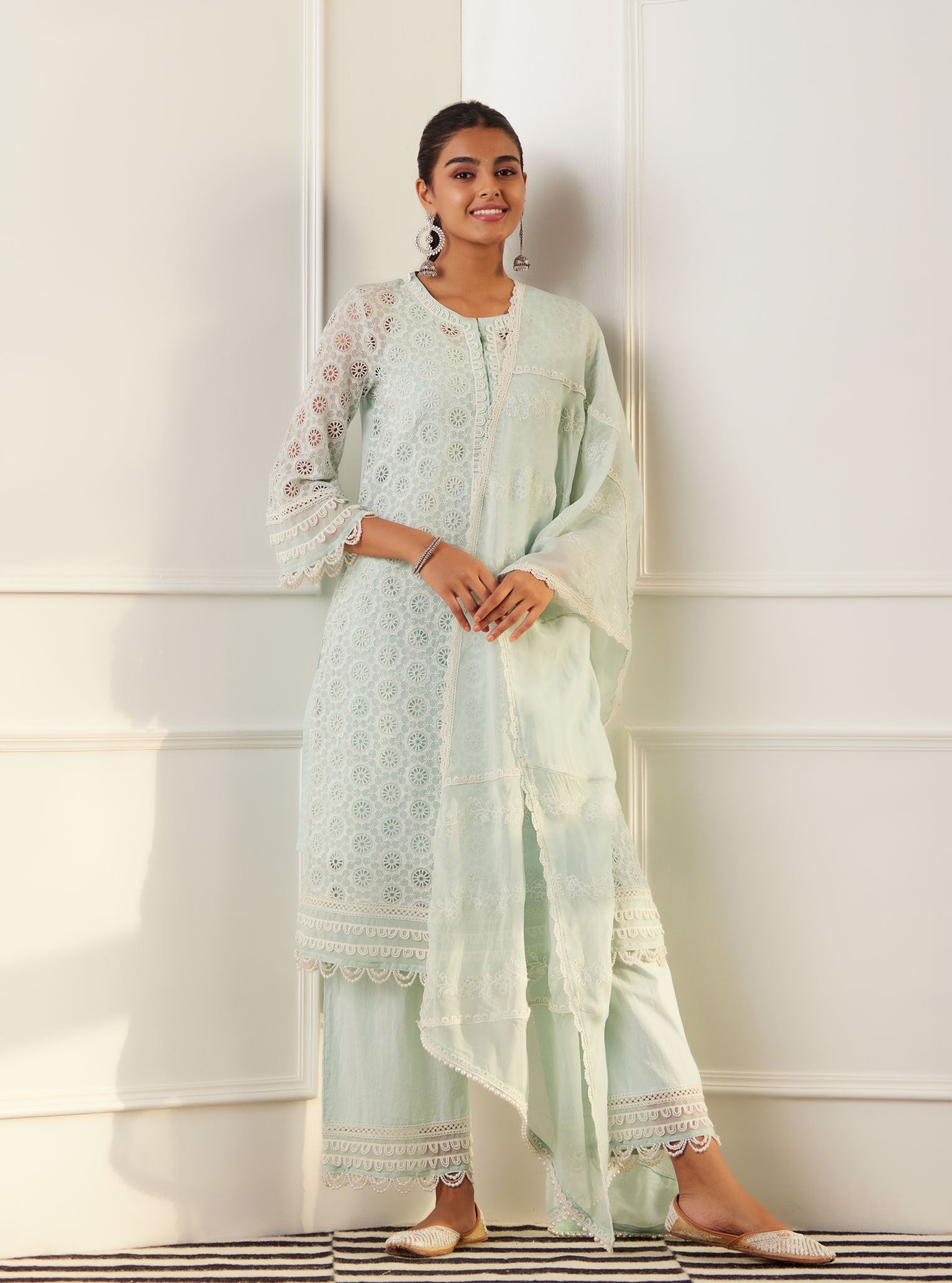 Mulmul Organza Charlotte Light Blue Kurta With Cotton Charlotte Light Blue Pant