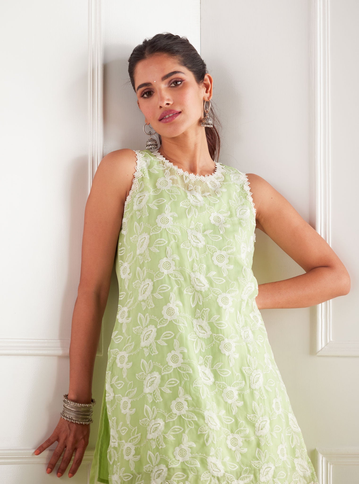 Mulmul Organza Cleo Green Kurta With Cotton Cleo Green Bell Bottom