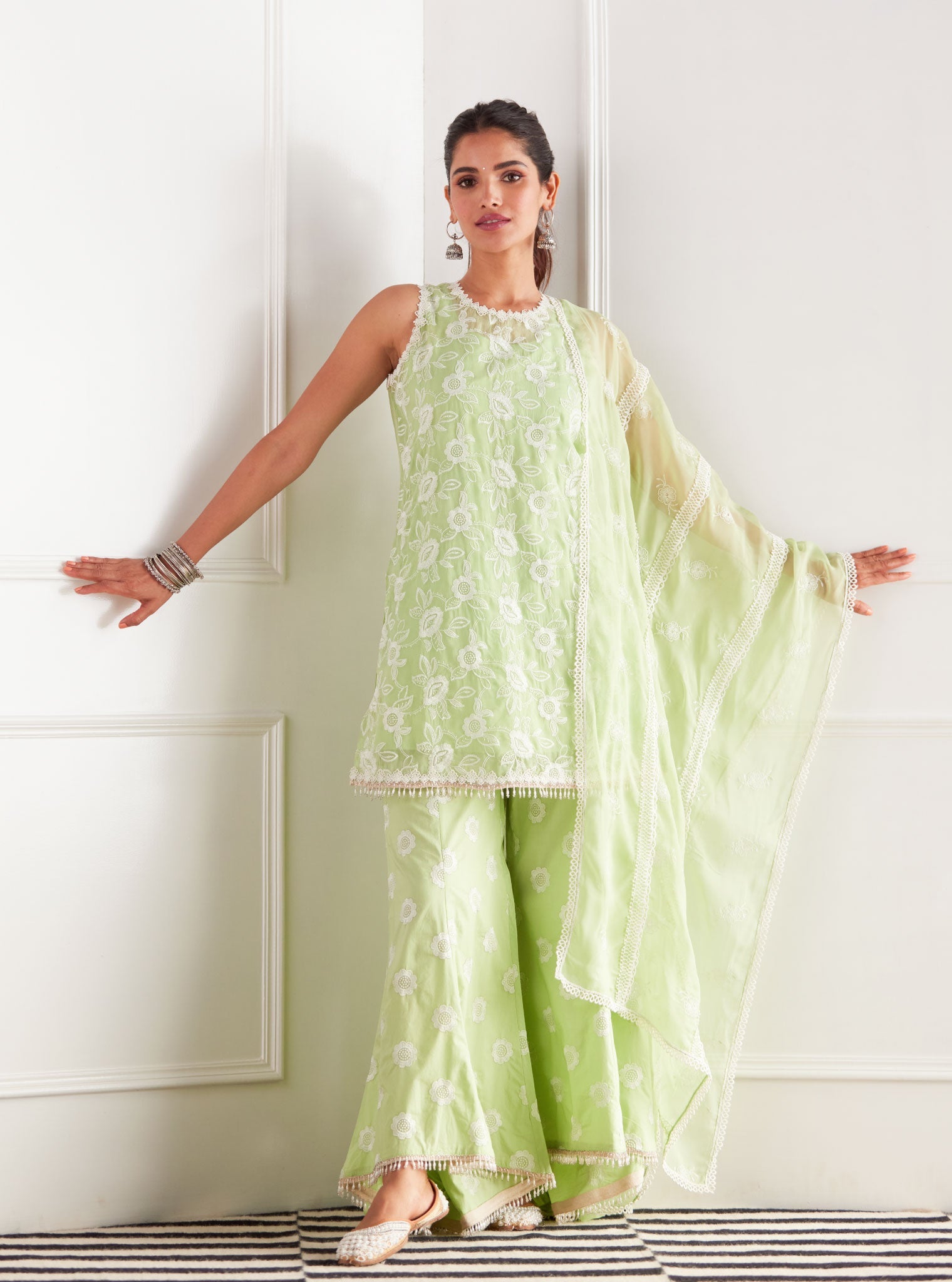 Mulmul Organza Cleo Green Kurta With Cotton Cleo Green Bell Bottom