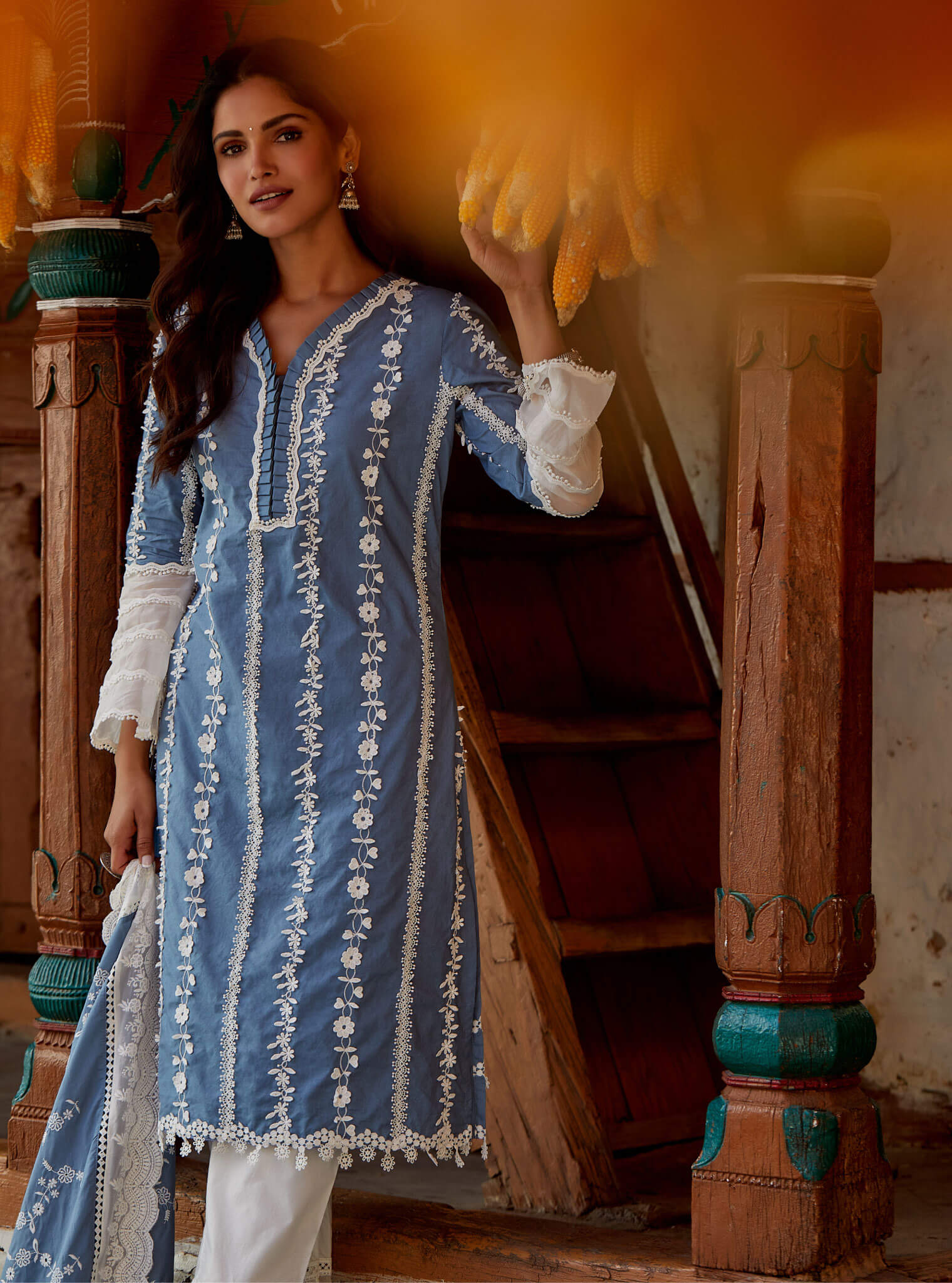 Mulmul Cotton Sainj Blue Kurta With Embroidered Organza Scallop White Pant