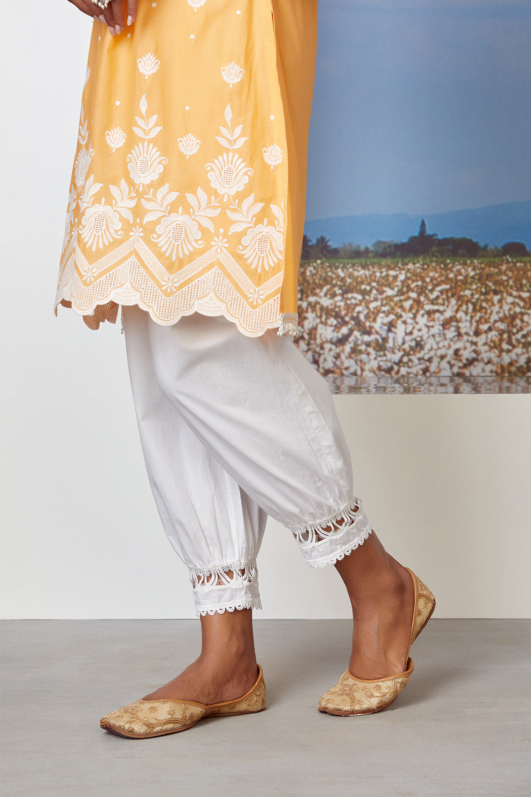 Mulmul Cotton Gardeencress Orange Kurta With New Harem White Pyajama