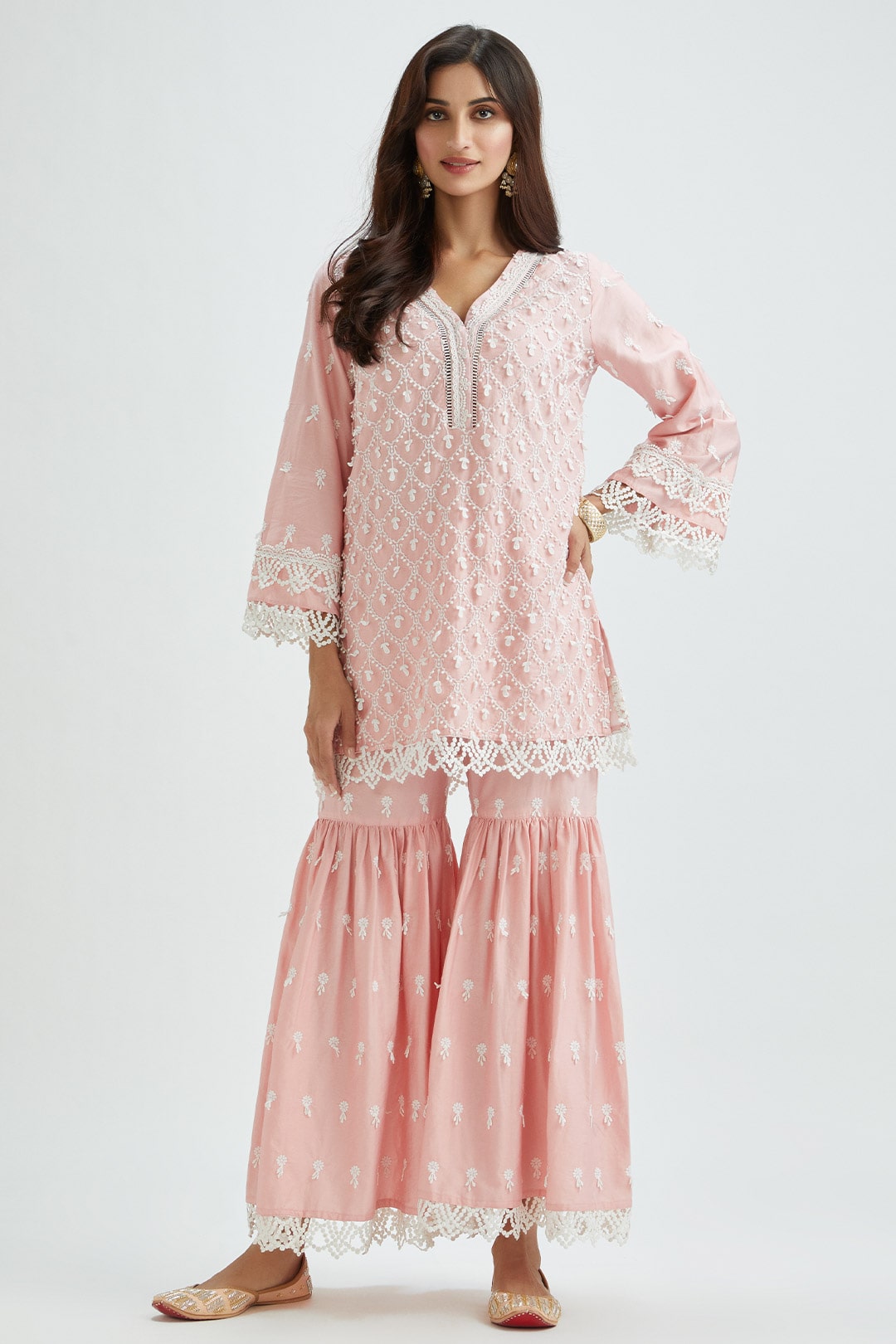 Mulmul Supima Satin Hayes Pink Kurta With Hayes Pink Pant